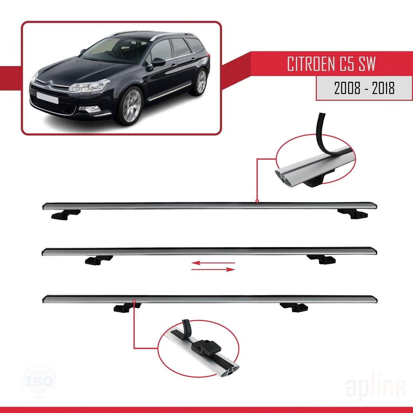 Compatibile con Citroen C5 II Tourer 2008-2018 modello BASIC Barre portatutto per auto Portapacchi in alluminio grigio 3 barre