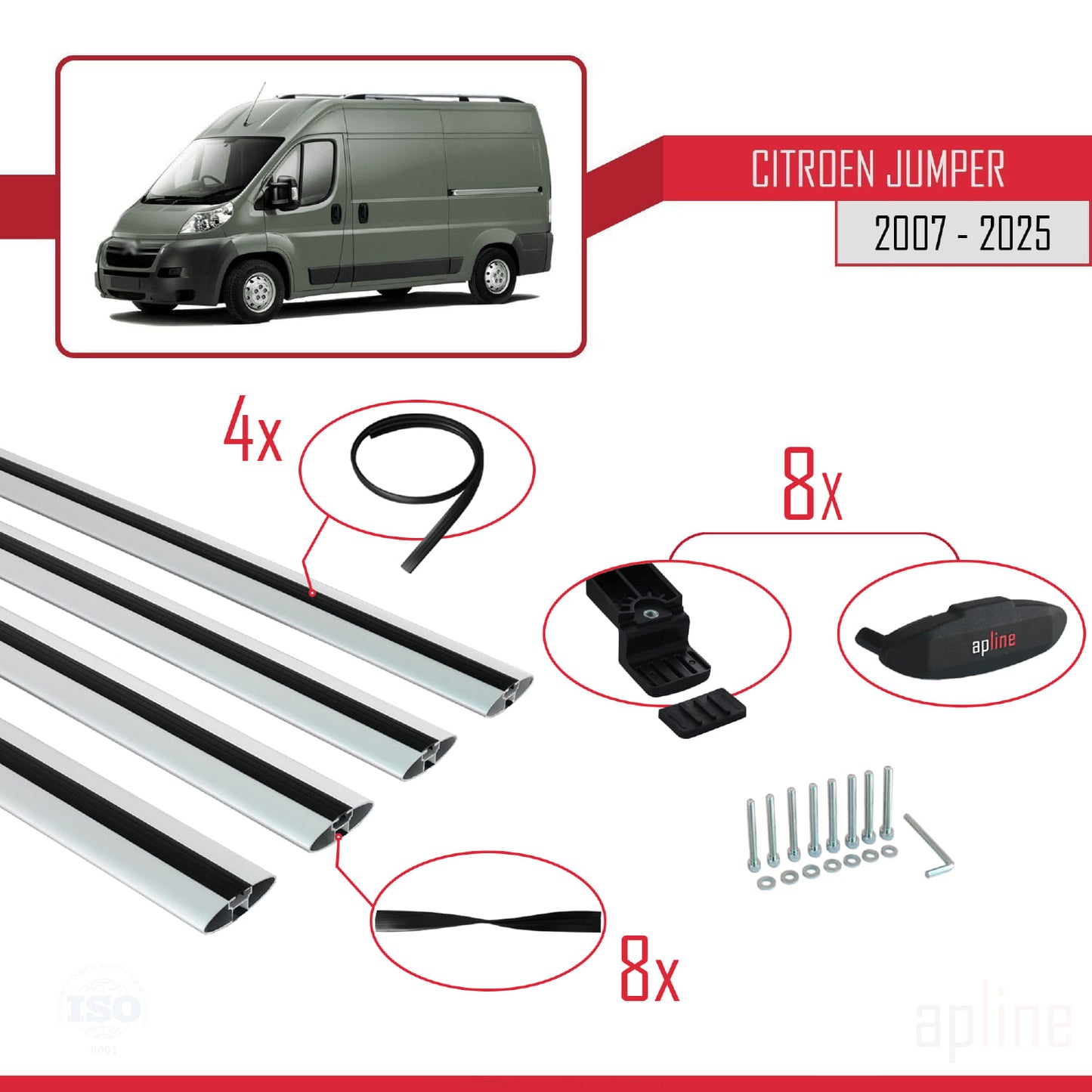 Compatibile con Citroen Jumper 2 2007-2025 modello BASIC Barre portatutto per auto Portapacchi in alluminio grigio 4 barre