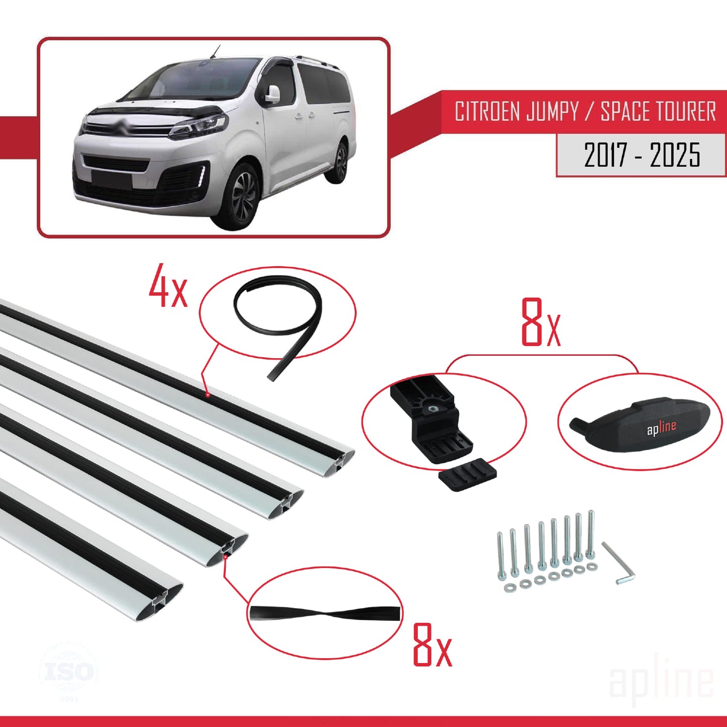 Compatibile con Citroen Jumpy 3 (K0) Space Tourer 2017-2025 modello BASIC Barre portatutto per auto Portapacchi in alluminio grigio 4 barre