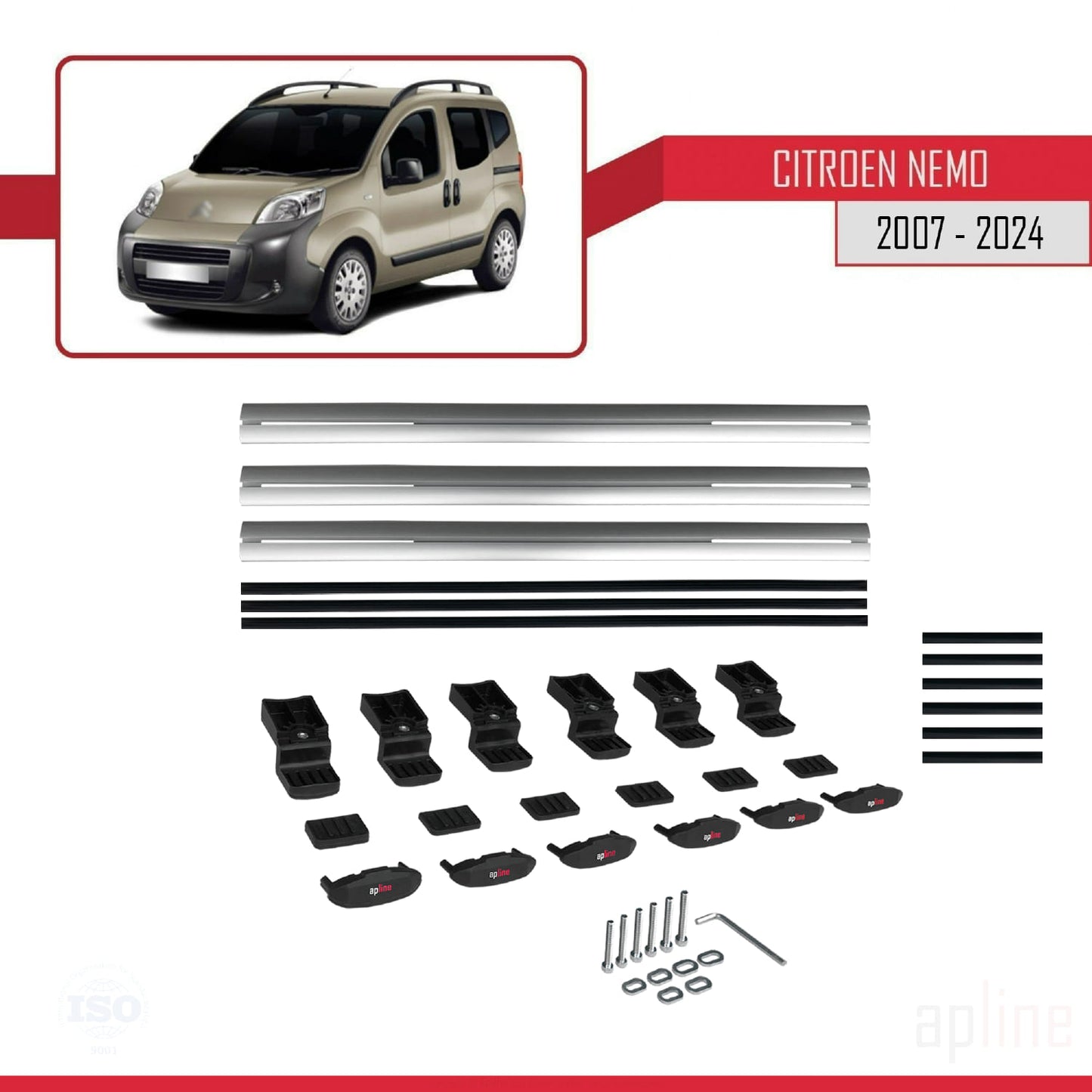 Compatibile con Citroen Nemo 3 (225) 2007-2024 modello BASIC Barre portatutto per auto Portapacchi in alluminio grigio 3 barre