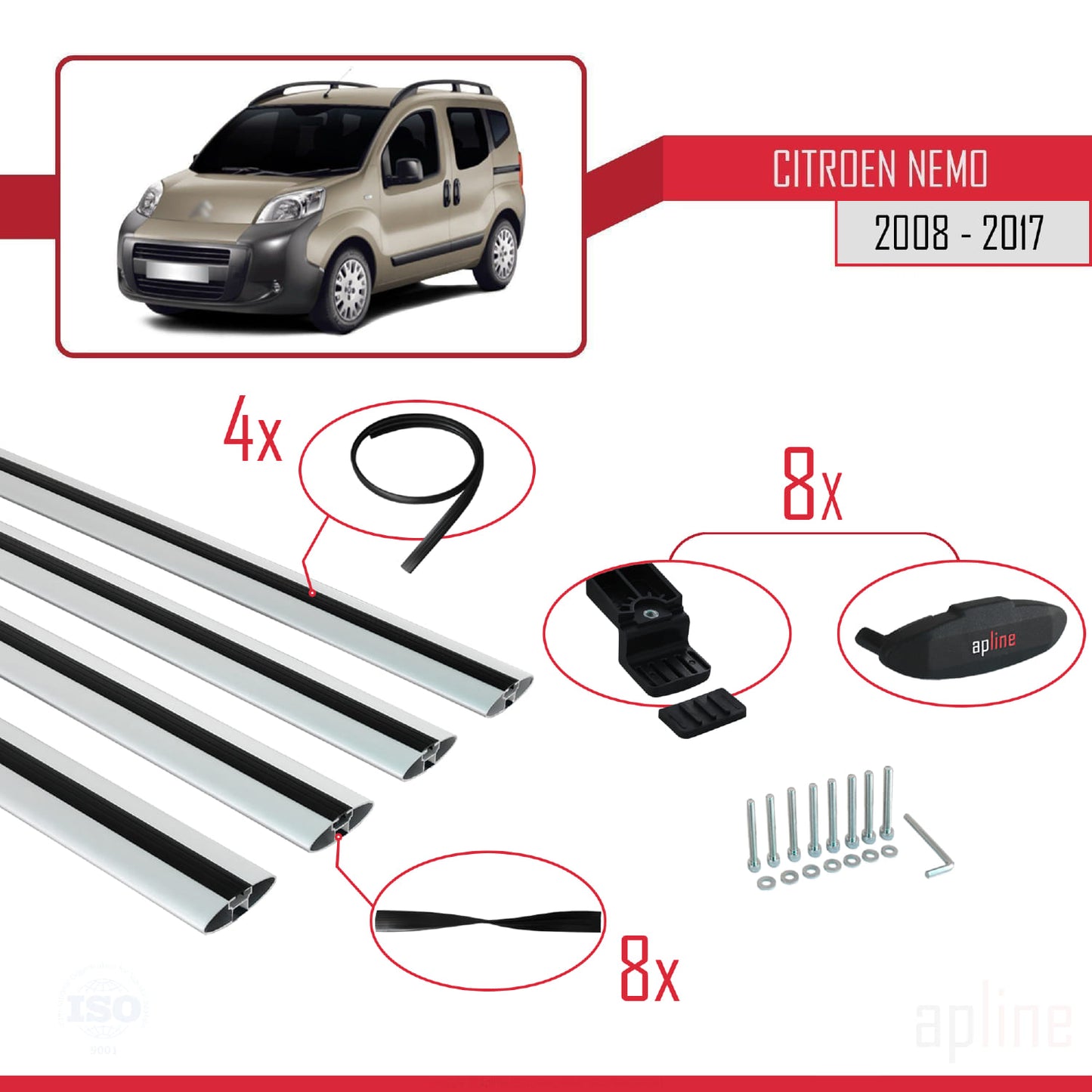 Compatibile con Citroen Nemo 3 (225) 2007-2024 modello BASIC Barre portatutto per auto Portapacchi in alluminio grigio 4 barre