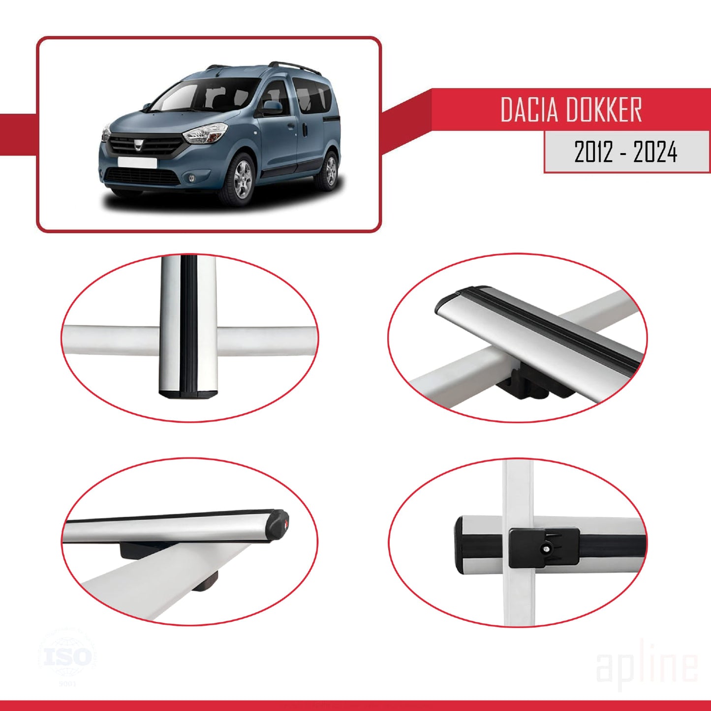 Compatibile con Dacia Dokker (K67) 2012-2024 modello BASIC Barre portatutto per auto Portapacchi in alluminio grigio 3 barre
