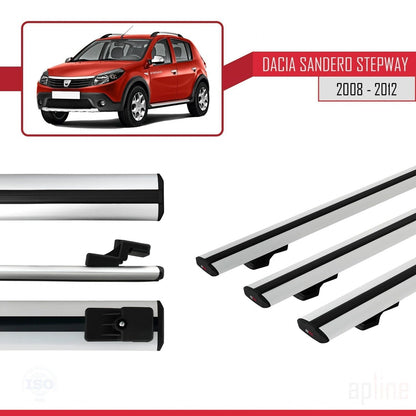 Kompatibel mit Dacia Sandero Stepway 2008-2012 Basismodell Dachgepäckträger, graues Aluminium, 3 Stangen