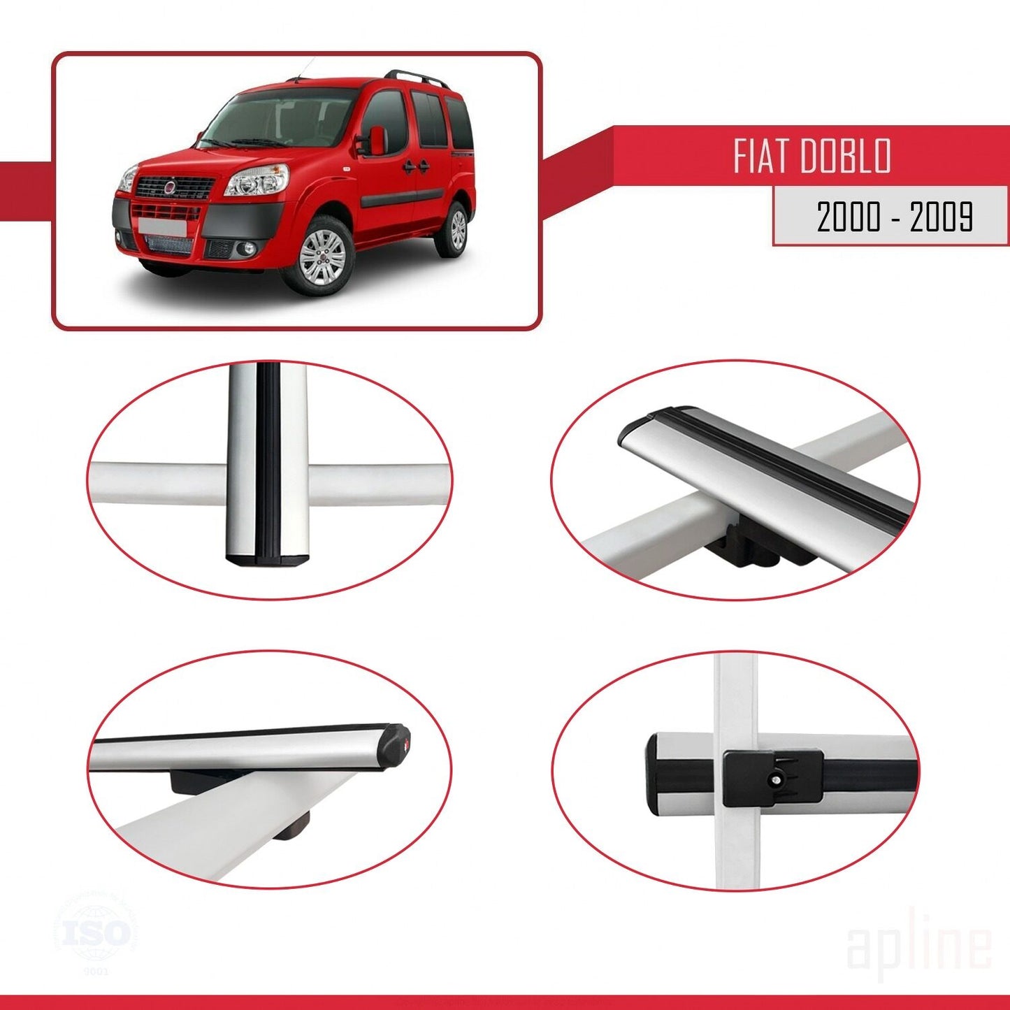 Kompatibel mit Fiat Doblo 2000-2009 Basismodell Dachgepäckträger, graues Aluminium, 3 Stangen