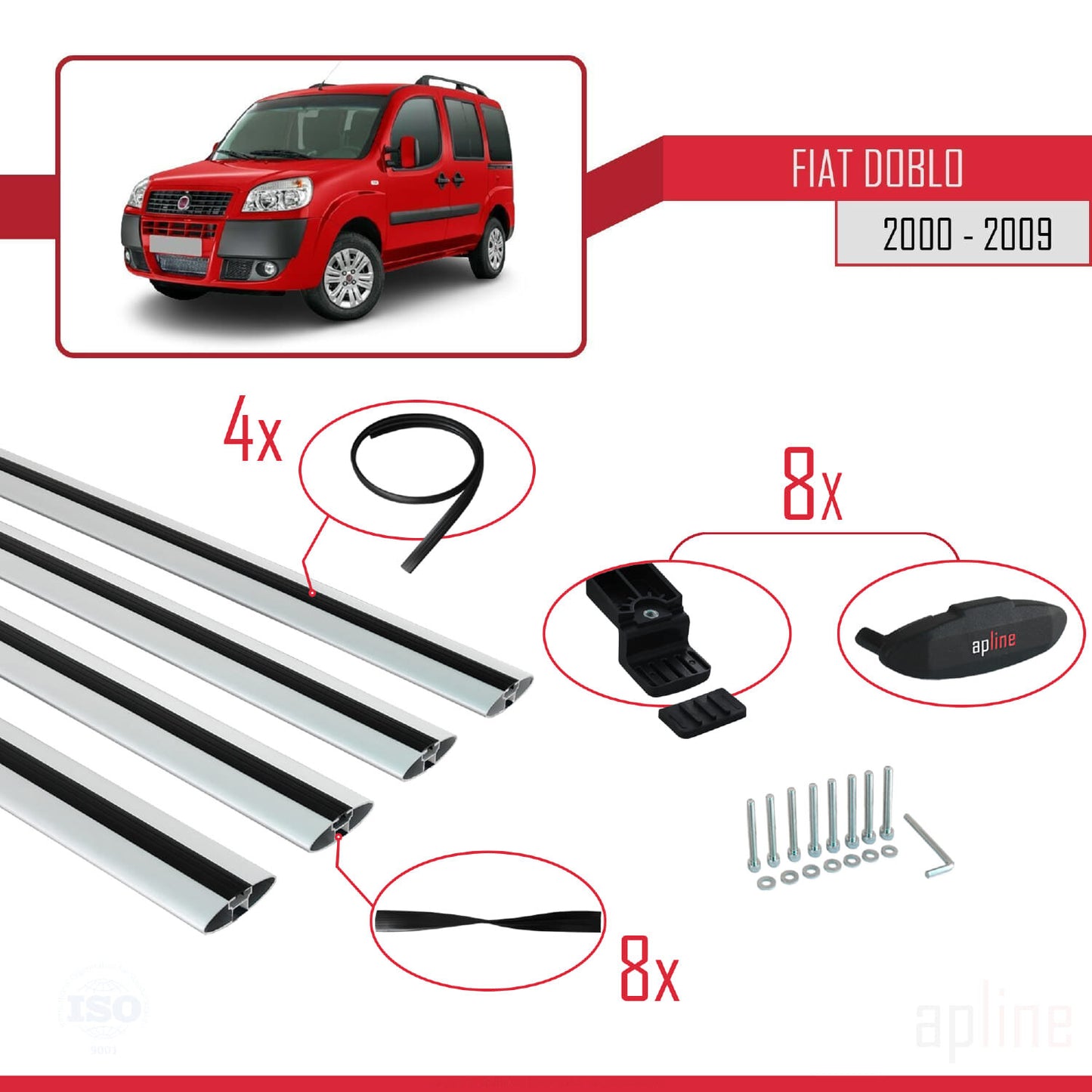 Kompatibel mit Fiat Doblo 2000-2009 Basismodell Dachgepäckträger, graues Aluminium, 4 Stangen