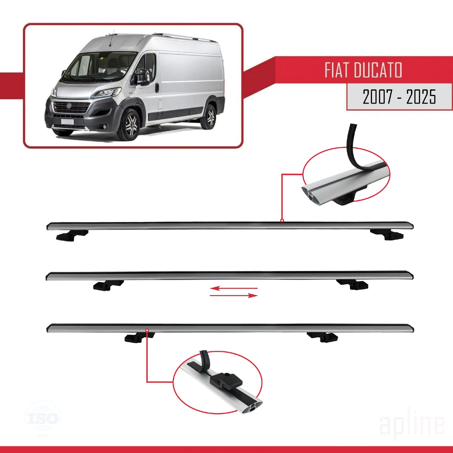 Compatibile con Fiat Ducato 3 2007-2025 modello BASIC Barre portatutto Railing Portapacchi per auto Alluminio grigio 2 barre