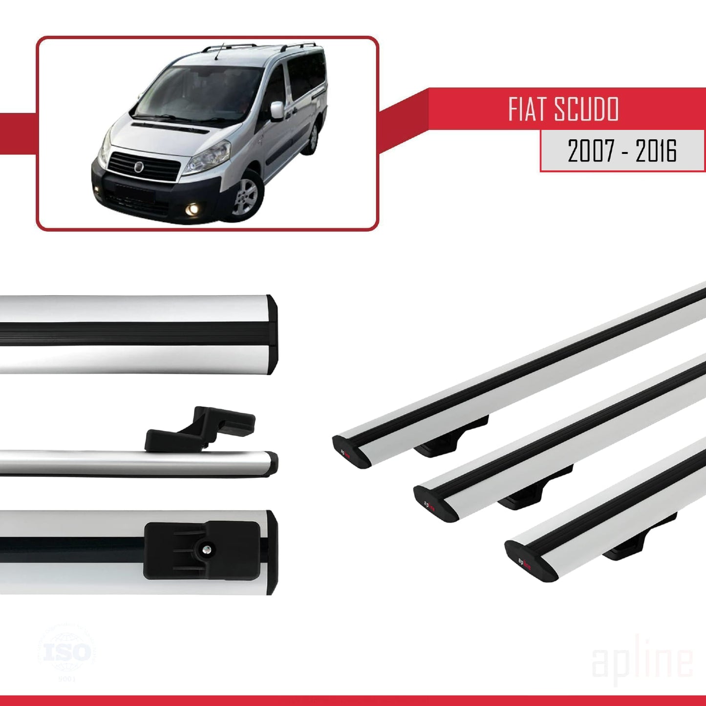 Kompatibel mit Fiat Scudo 2 2007-2016 Basismodell Dachgepäckträger, graues Aluminium, 3-Stangen