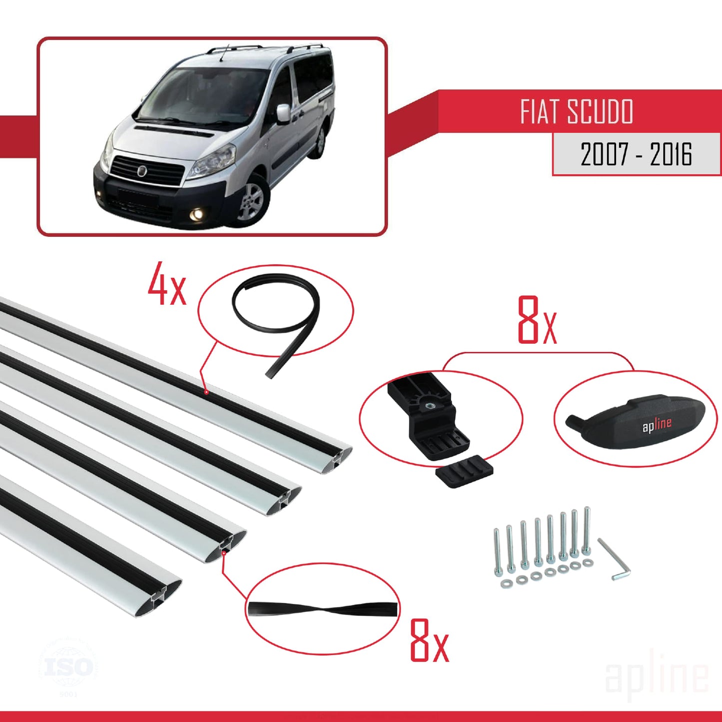 Kompatibel mit Fiat Scudo 2 2007-2016 Basismodell Dachgepäckträger, graues Aluminium, 4 Stangen