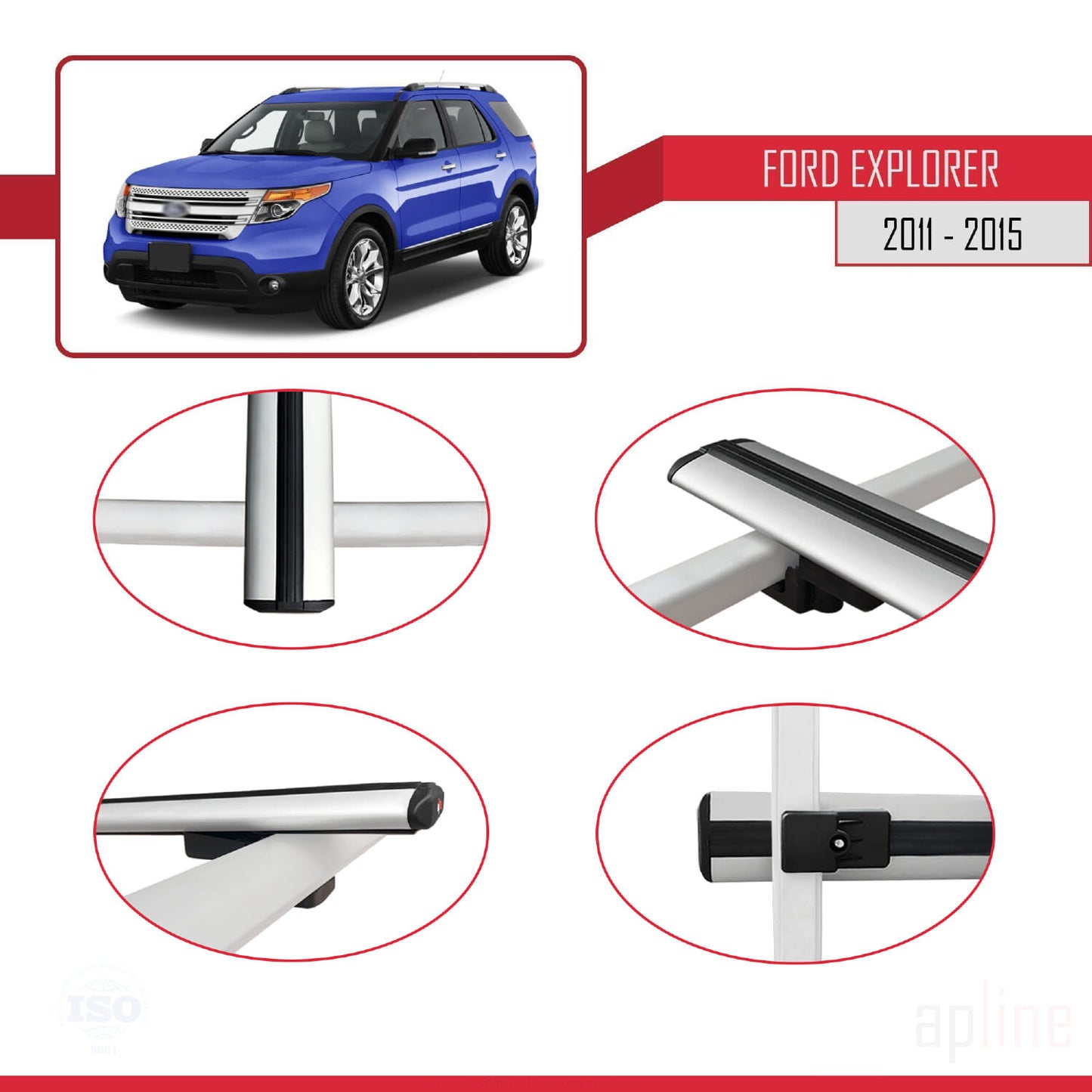 Compatibile con Ford Explorer 5 (U502) Pre-Facelift 2011-2015 Modello BASIC Barre portatutto per auto Portapacchi in alluminio grigio 4 barre