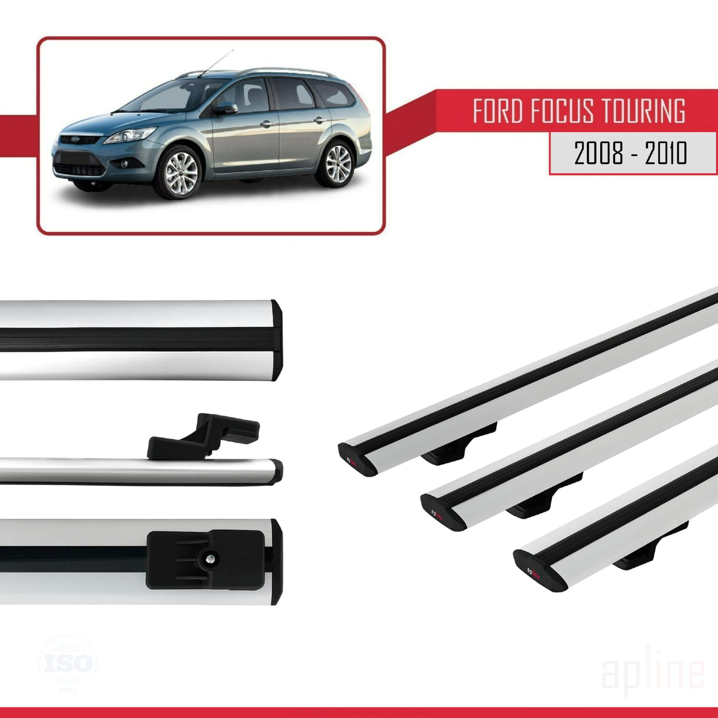 Compatible with Ford Focus 2 (C307) Turnier 2008-2010 BASIC Model Car Roof Rack Cross Bar Grey Aluminium 3 Bars