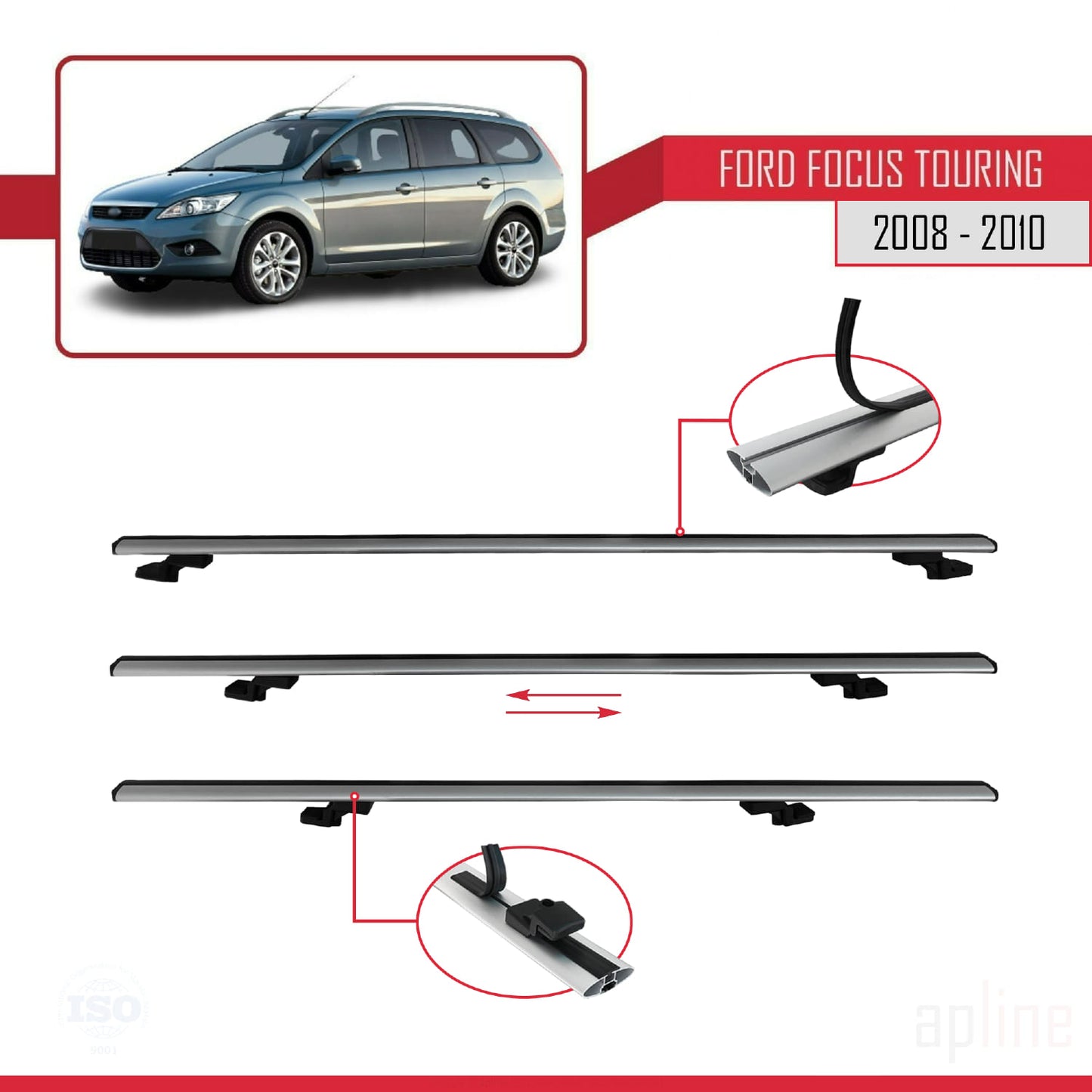 Compatible with Ford Focus 2 (C307) Turnier 2008-2010 BASIC Model Car Roof Rack Cross Bar Grey Aluminium 3 Bars