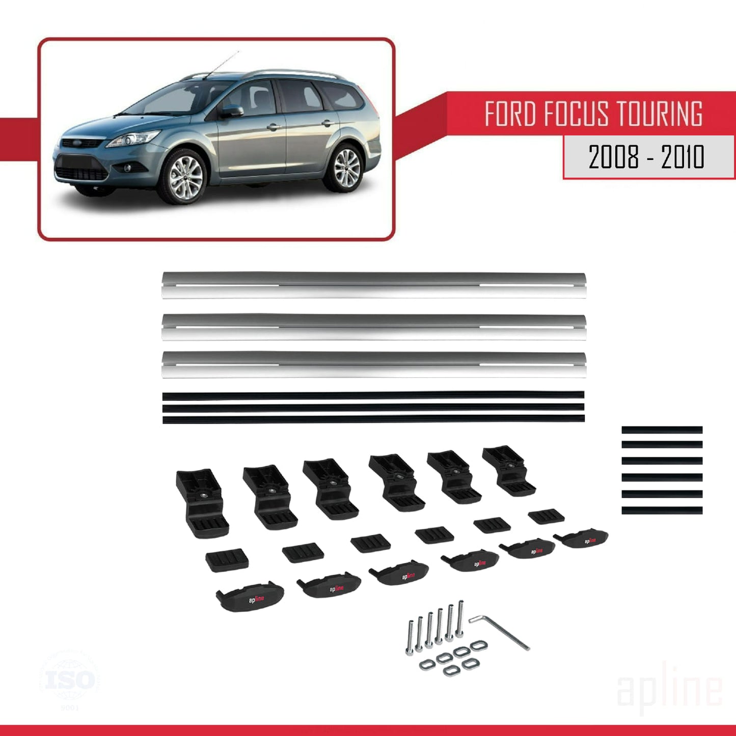 Compatible with Ford Focus 2 (C307) Turnier 2008-2010 BASIC Model Car Roof Rack Cross Bar Grey Aluminium 3 Bars