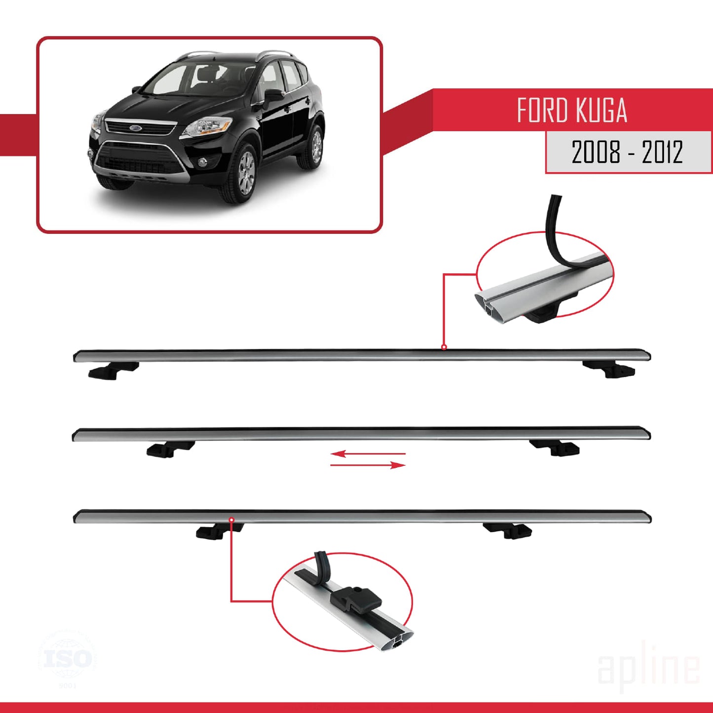 Compatibile con Ford Kuga (C394) 2008-2012 modello BASIC Barre portatutto per auto Portapacchi in alluminio grigio 2 barre