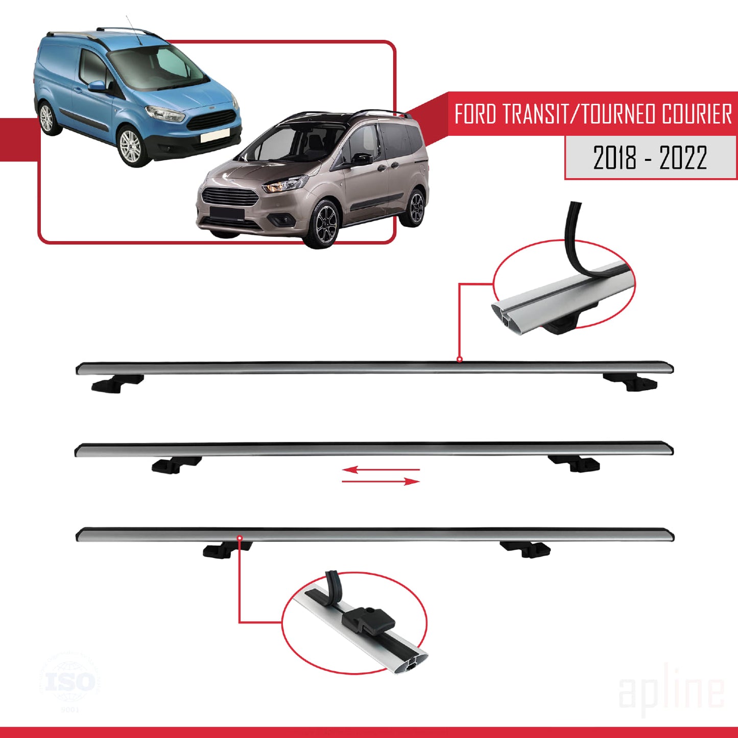 Compatibile con Ford Transit/Tourneo Courier Post-Facelift 2018-2022 modello BASIC Barre portatutto per auto Portapacchi in alluminio grigio 4 barre