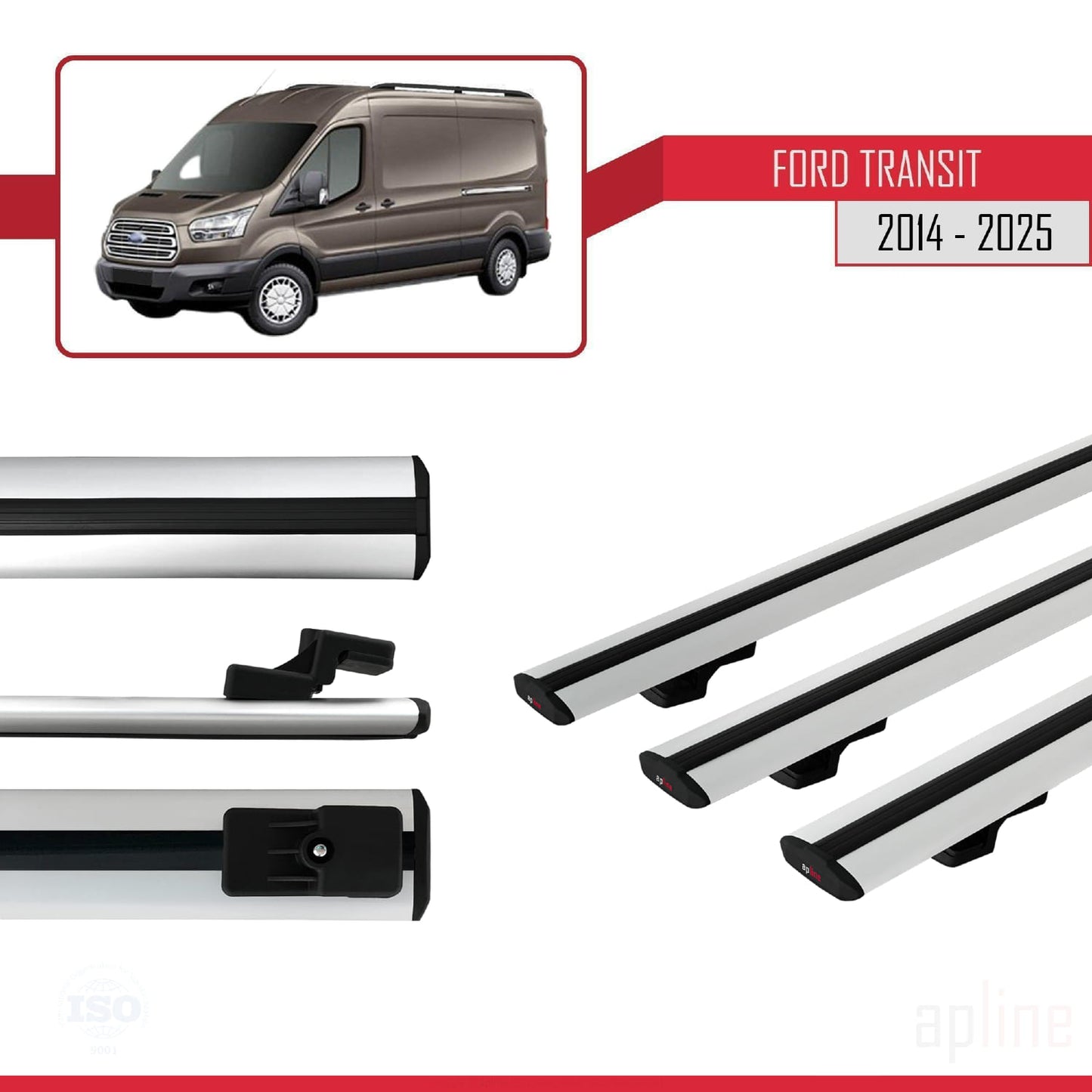Compatibile con Ford Transit 2014-2025 modello BASIC Barre portatutto per auto Portapacchi in alluminio grigio 3 barre