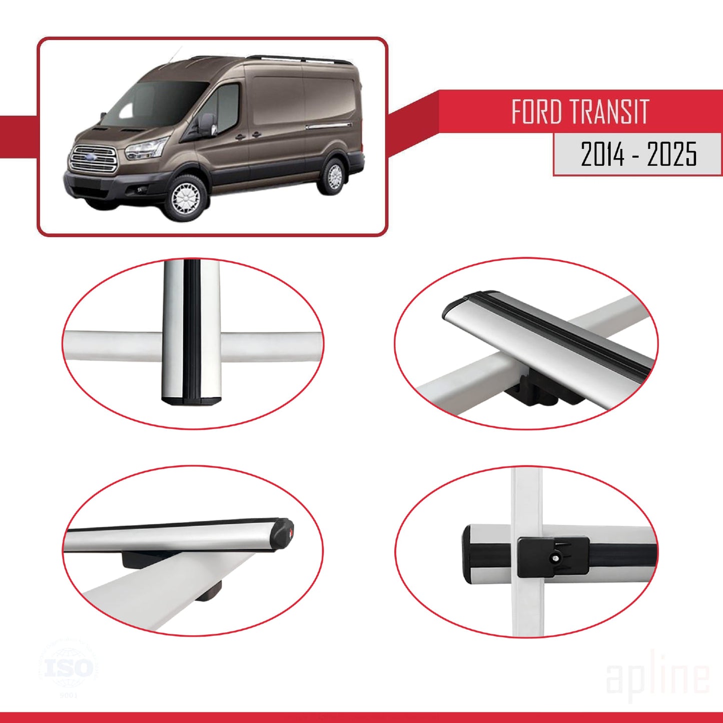 Compatibile con Ford Transit 2014-2025 modello BASIC Barre portatutto per auto Portapacchi in alluminio grigio 4 barre