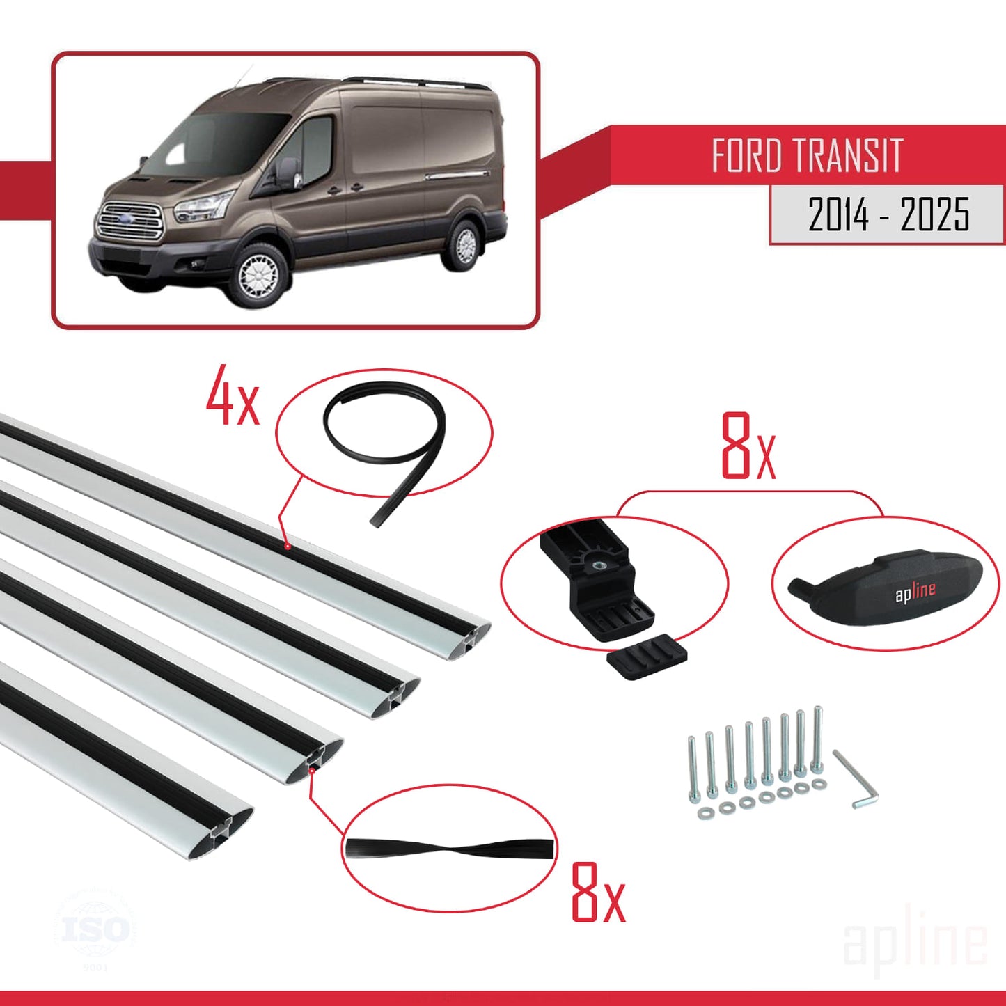 Compatibile con Ford Transit 2014-2025 modello BASIC Barre portatutto per auto Portapacchi in alluminio grigio 4 barre