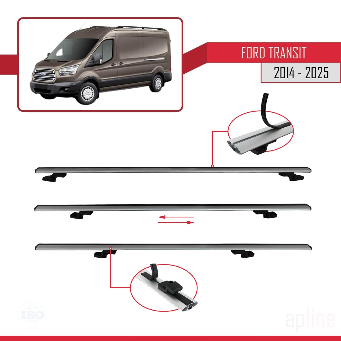 Compatibile con Ford Transit 2014-2025 modello BASIC Barre portatutto per auto Portapacchi in alluminio grigio 2 barre