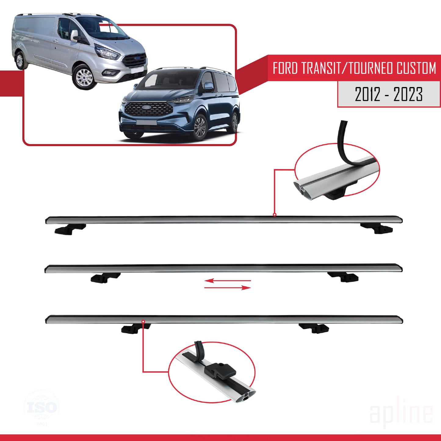 Compatibile con Ford Transit/Tourneo Custom 2012-2023 modello BASIC Barre portatutto per auto Portapacchi in alluminio grigio 3 barre