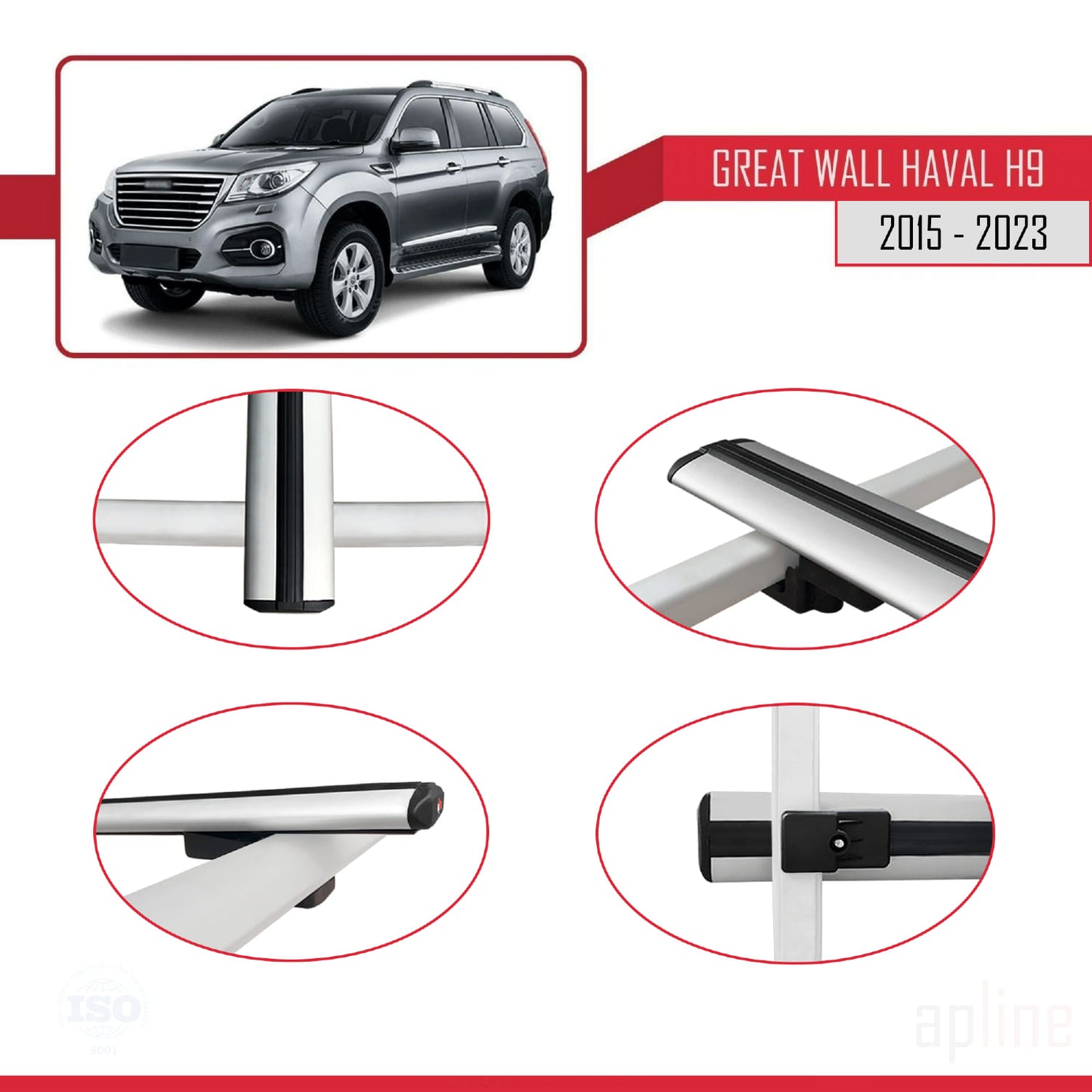 Compatibile con Great Wall Haval H9 2015-2023 modello BASIC Barre portatutto per auto Portapacchi in alluminio grigio 3 barre