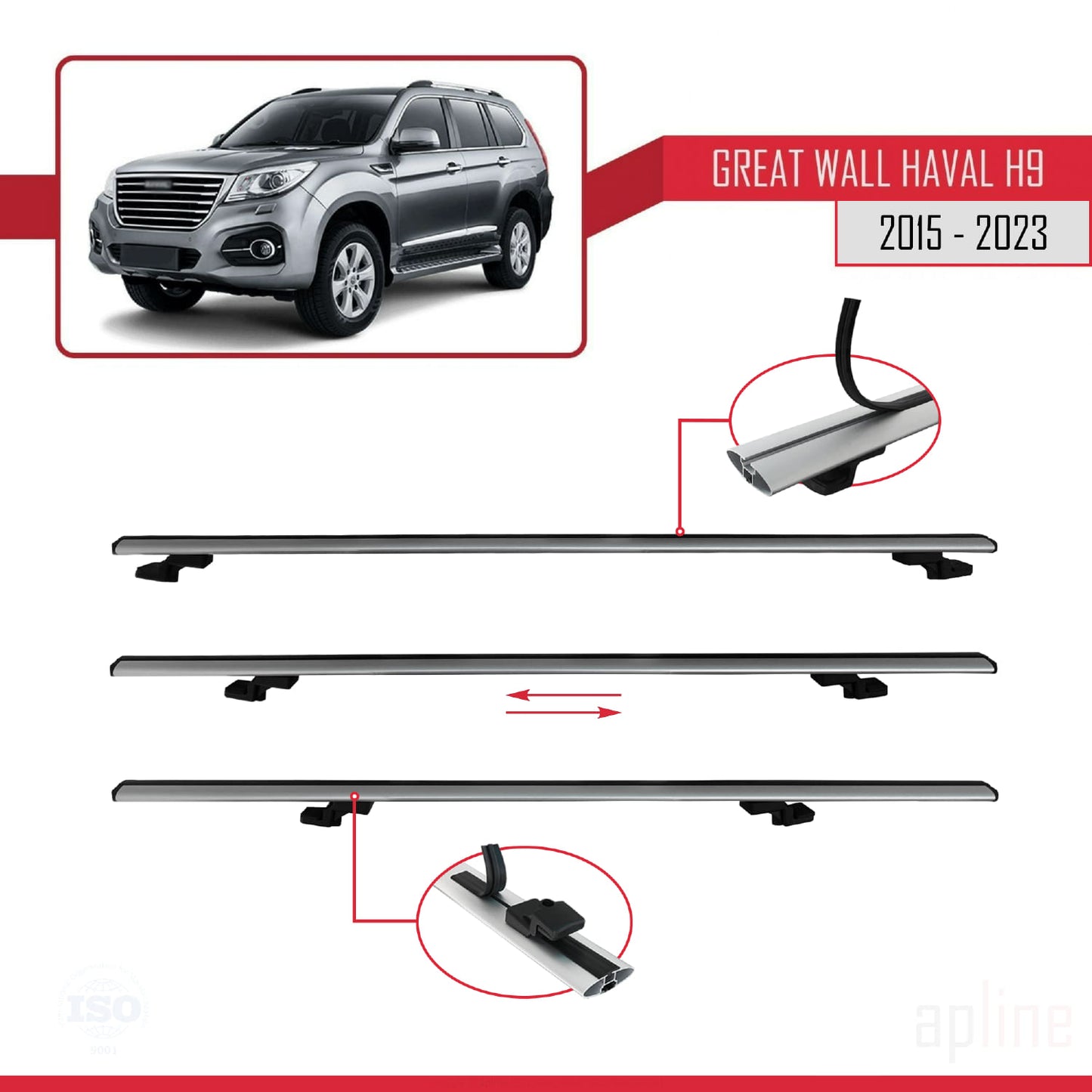 Compatibile con Great Wall Haval H9 2015-2023 modello BASIC Barre portatutto per auto Portapacchi in alluminio grigio 2 barre