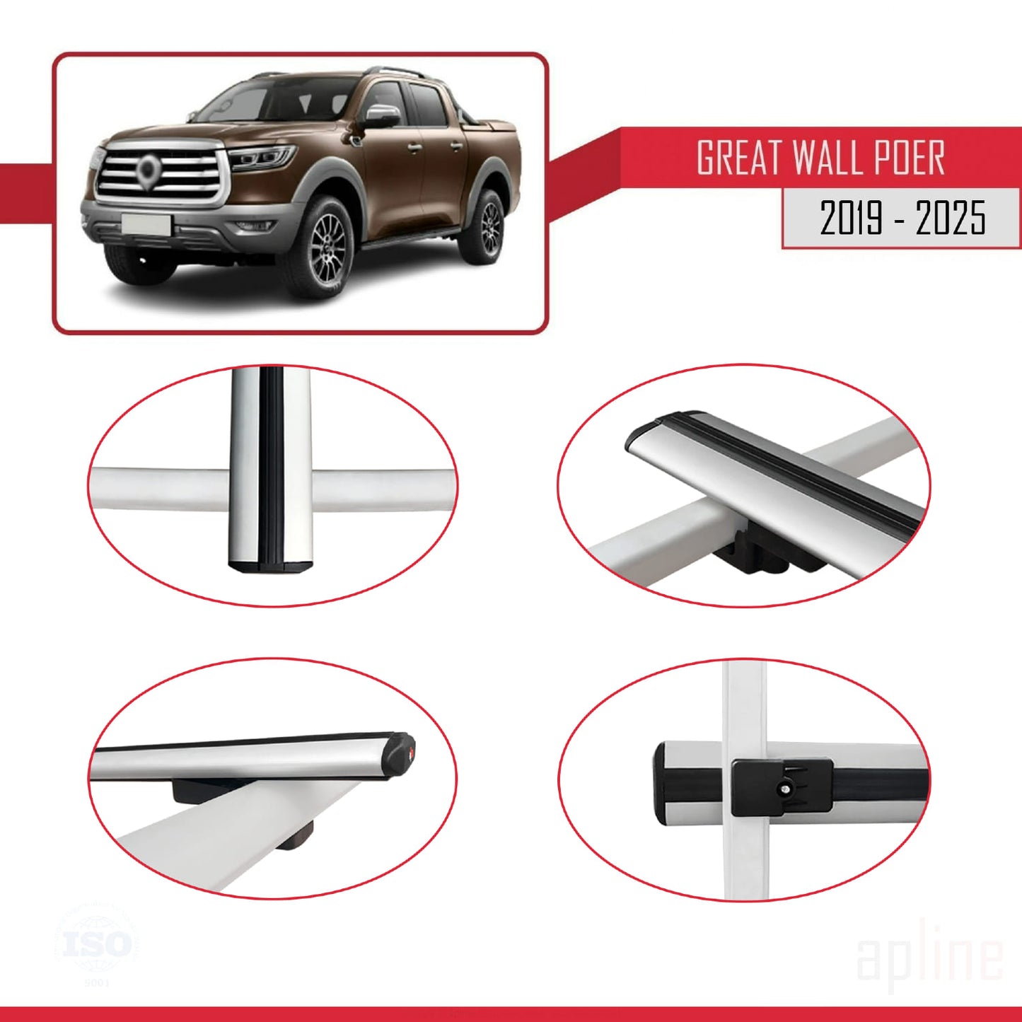 Compatibile con Great Wall Poer 2019-2025 modello BASIC Barre portatutto per auto Portapacchi in alluminio grigio 2 barre