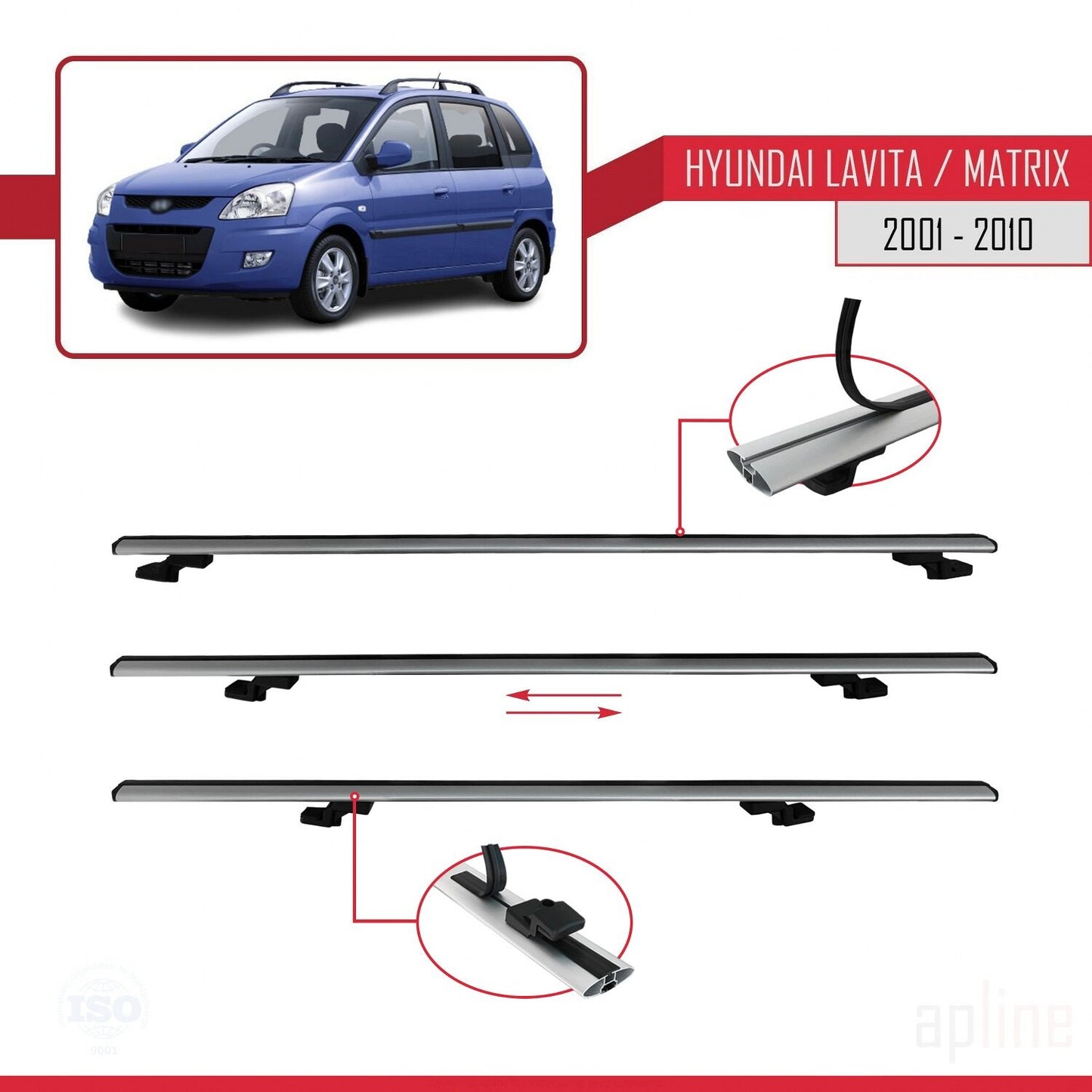Compatibile con Hyundai Matrix (FC) modello BASIC 2001-2010 Barre portatutto per auto Portapacchi in alluminio grigio 3 barre