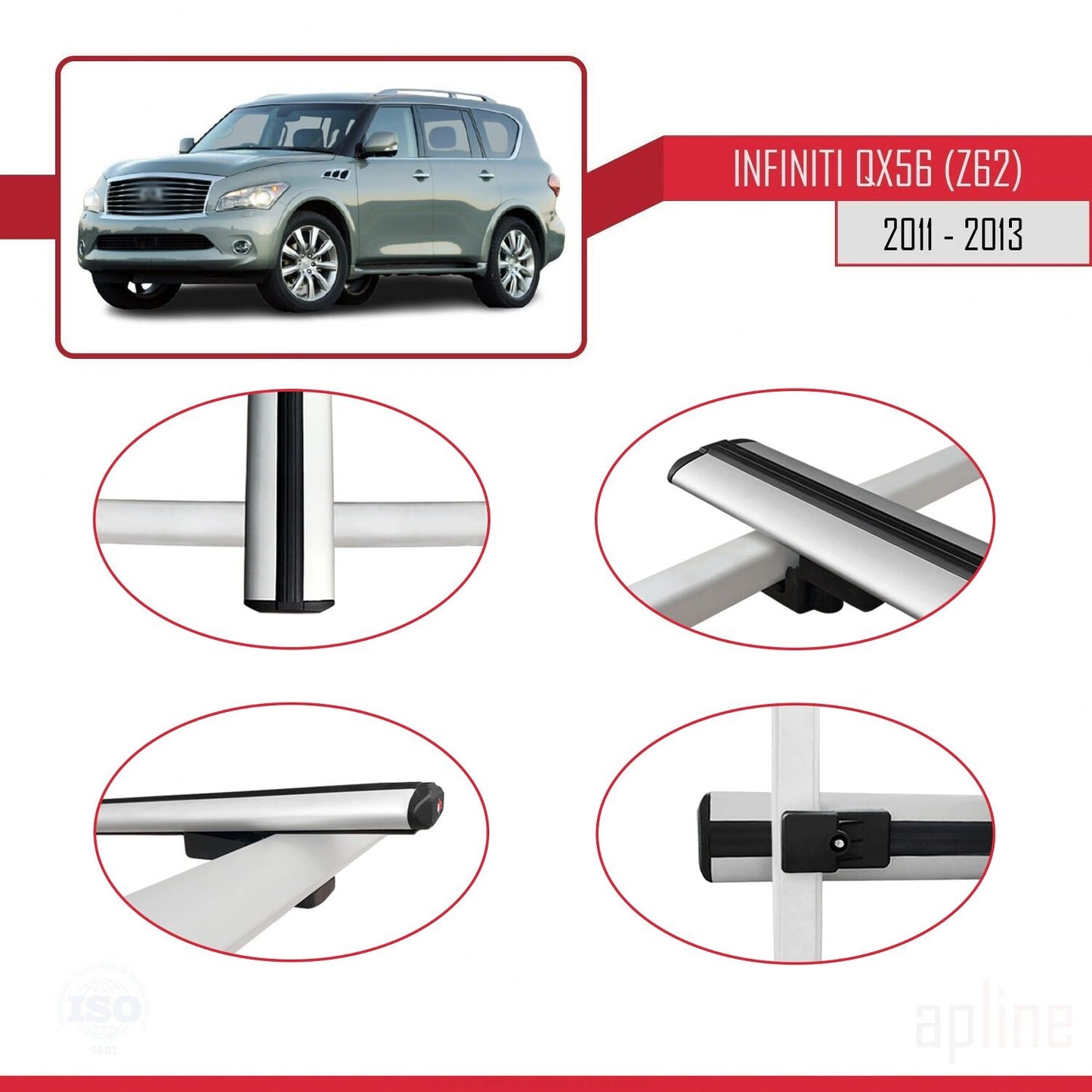 Compatibile con Infiniti QX56 (Z62) modello BASIC 2011-2013 Barre portatutto per auto Portapacchi in alluminio grigio 2 barre