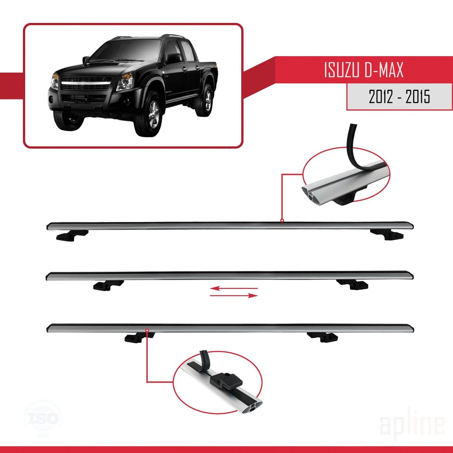 Compatible avec Isuzu D-Max 2 (RT50) Pre-Facelift 2012-2015 BASIC Model Barres de Toit Railing Porte-Bagages de Voiture Gris Aluminium 2 Barres