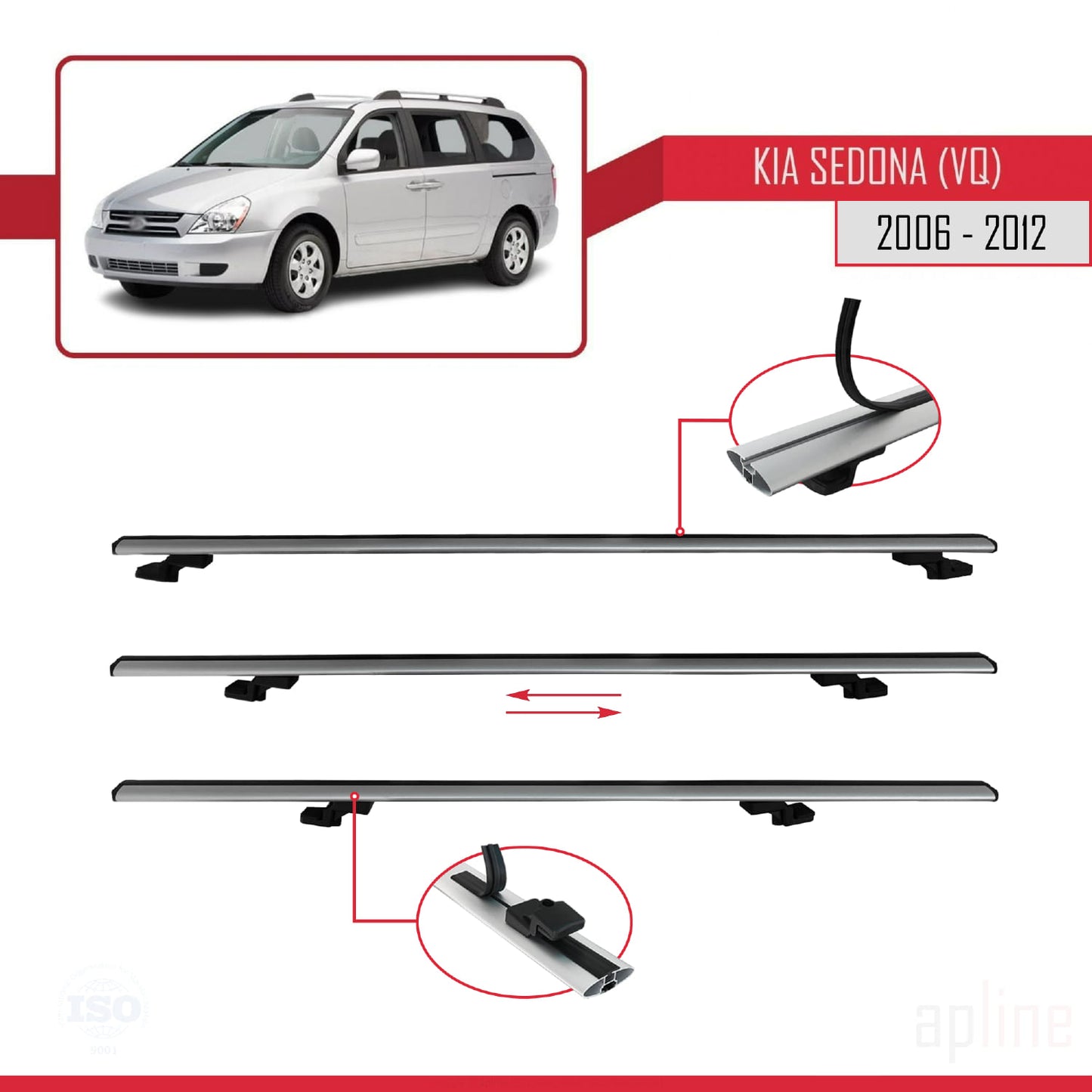 Compatible with Kia Sedona 2 (VQ) 2006-2012 BASIC Model Car Roof Rack Cross Bar Grey Aluminium 3 Bars
