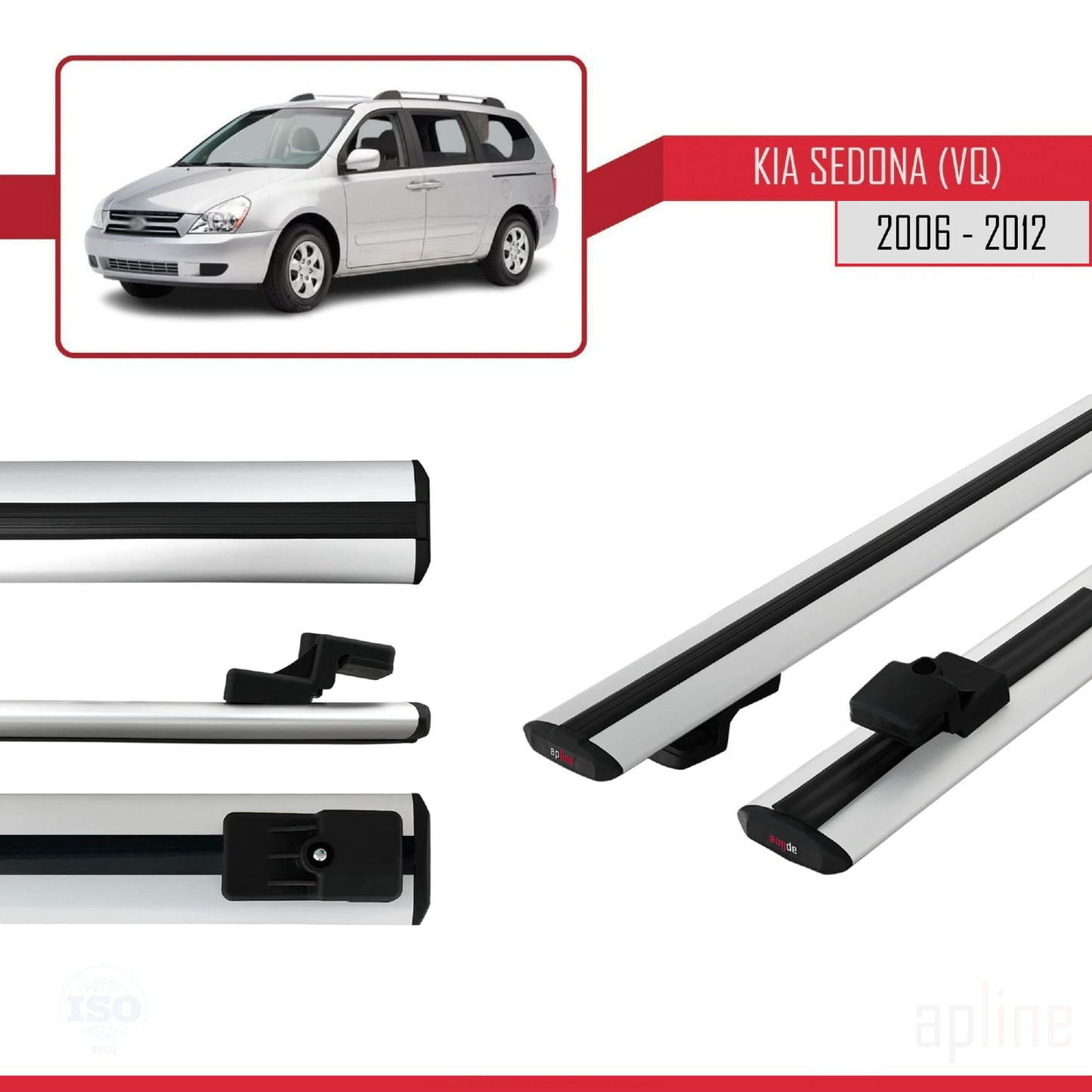 Compatible with Kia Sedona 2 (VQ) 2006-2012 BASIC Model Car Roof Rack Cross Bar Grey Aluminium 2 Bars