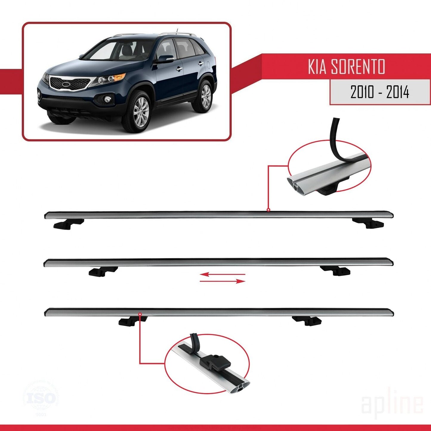 Compatible with Kia Sorento 2 (XM) 2010-2014 BASIC Model Car Roof Rack Cross Bar Grey Aluminium 2 Bars