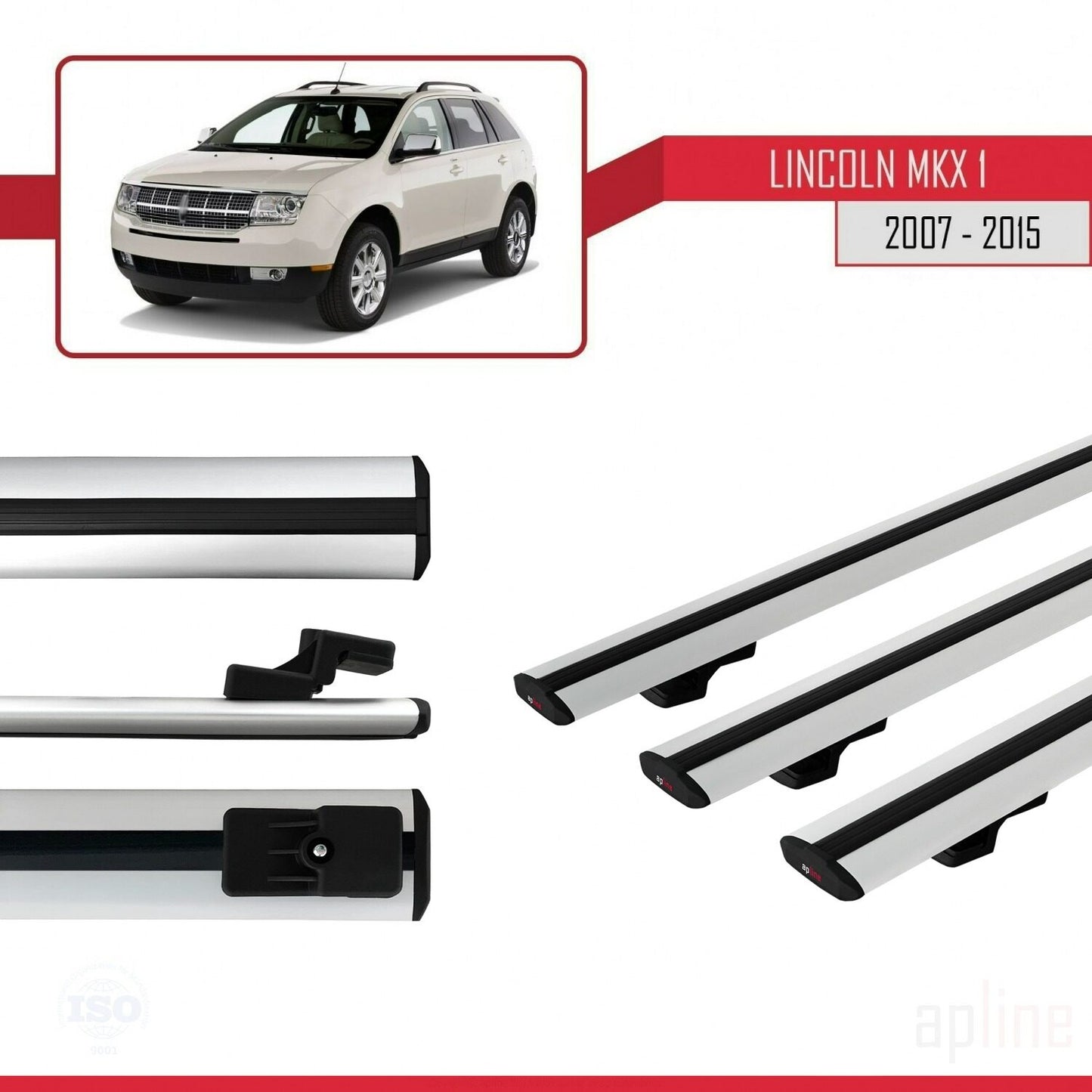 Compatible avec Lincoln MKX (U388) 2007-2015 BASIC Model Barres de Toit Railing Porte-Bagages de Voiture Gris Aluminium 3 Barres