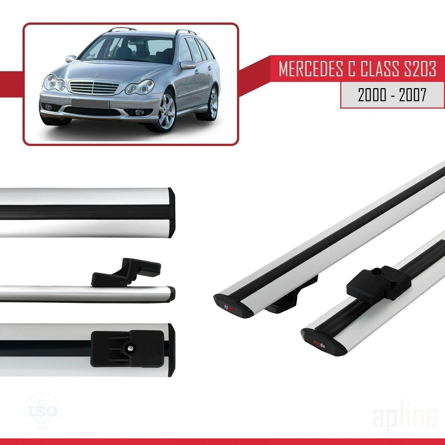 Compatible avec Mercedes Classe C 2 (S203) 2000-2007 BASIC Model Barres de Toit Railing Porte-Bagages de Voiture Gris Aluminium 2 Barres