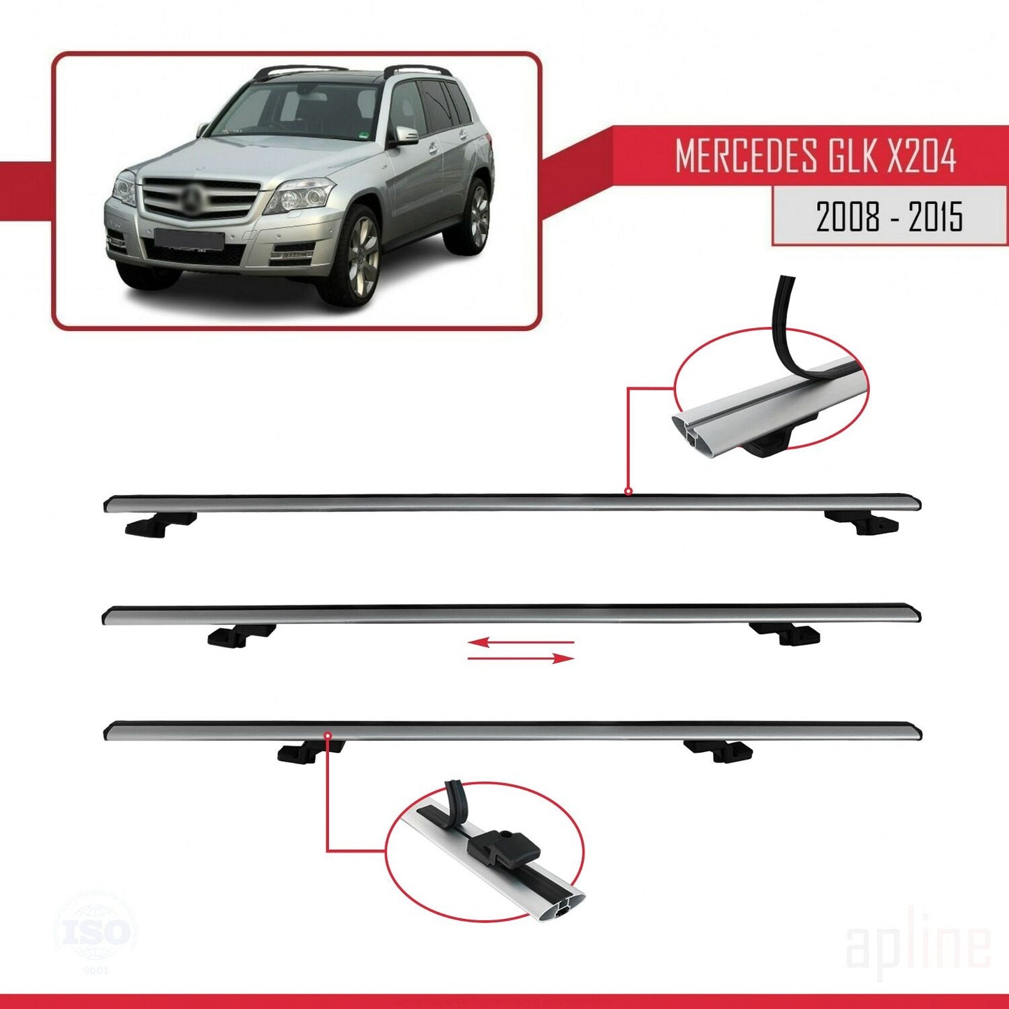 Compatible avec Mercedes Classe GLK (X204) 2008-2015 BASIC Model Barres de Toit Railing Porte-Bagages de Voiture Gris Aluminium 2 Barres