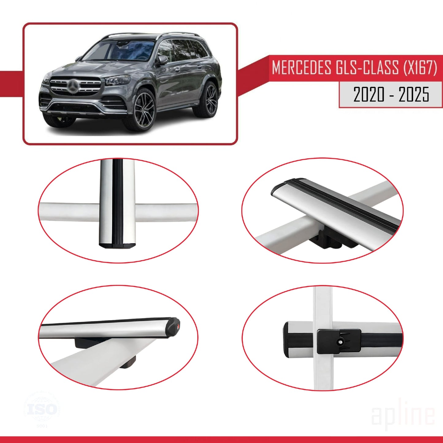 Compatible avec Mercedes Classe GLS (X167) 2020-2025 BASIC Model Barres de Toit Railing Porte-Bagages de Voiture Gris Aluminium 3 Barres