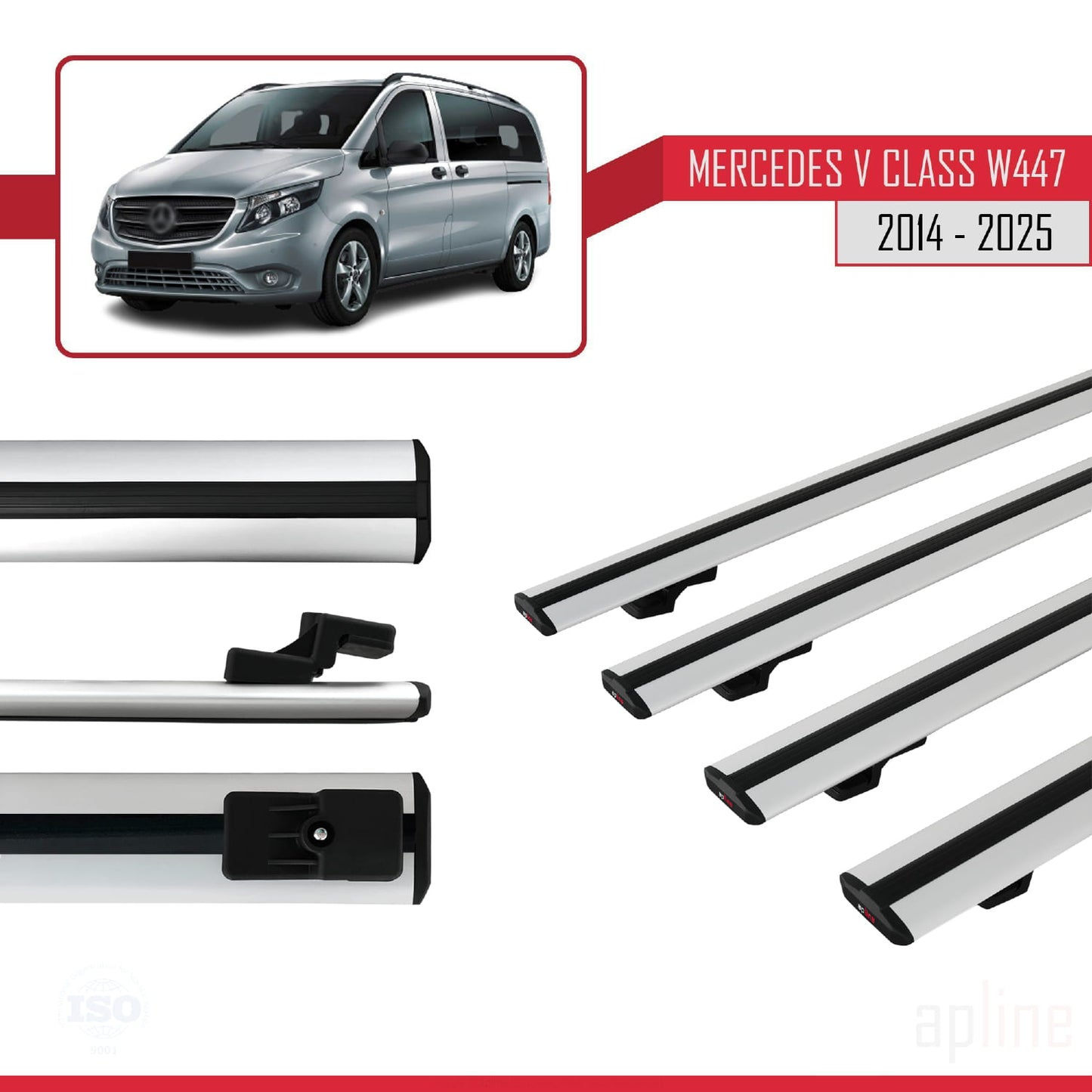Compatible avec Mercedes Classe V 3 (W447) 2014-2025 BASIC Model Barres de Toit Railing Porte-Bagages de Voiture Gris Aluminium 4 Barres