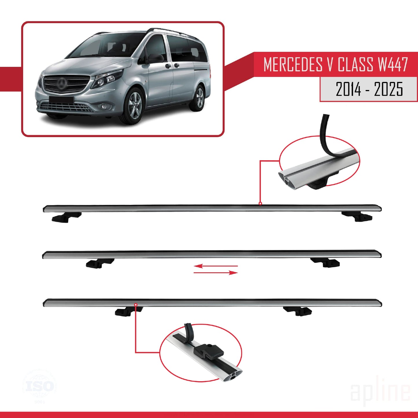 Compatible avec Mercedes Classe V 3 (W447) 2014-2025 BASIC Model Barres de Toit Railing Porte-Bagages de Voiture Gris Aluminium 4 Barres