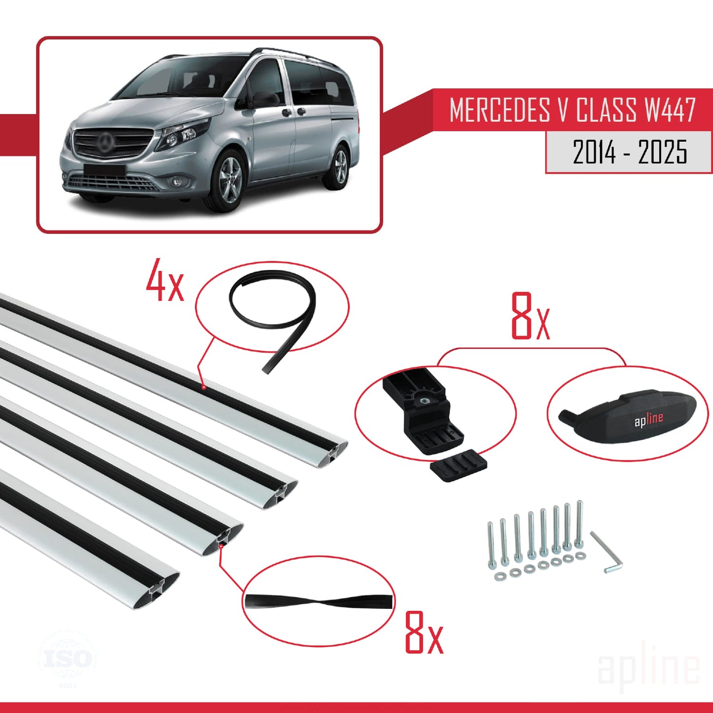 Compatible avec Mercedes Classe V 3 (W447) 2014-2025 BASIC Model Barres de Toit Railing Porte-Bagages de Voiture Gris Aluminium 4 Barres