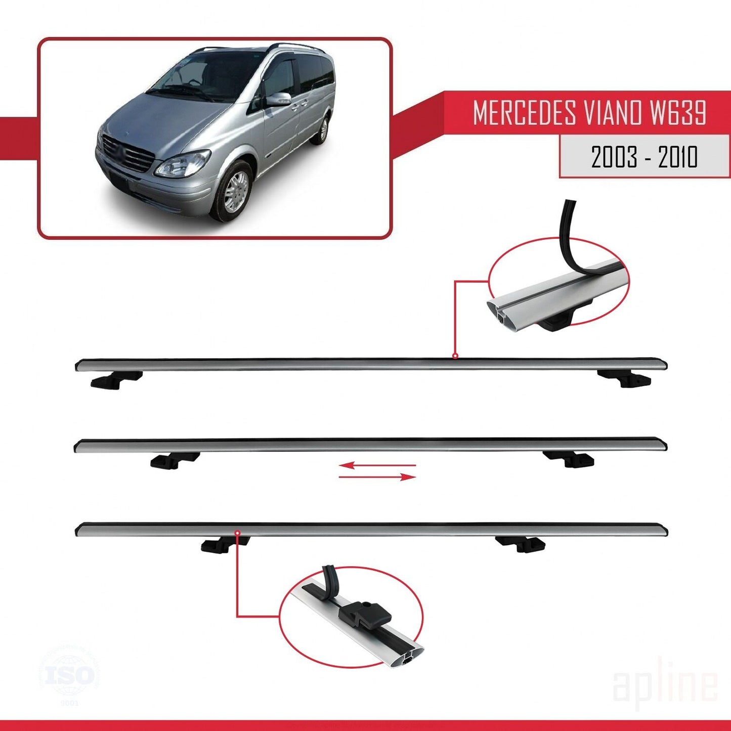 Compatible avec Mercedes Viano 2 (W639) Pre-Facelift 2003-2010 BASIC Model Barres de Toit Railing Porte-Bagages de Voiture Gris Aluminium 3 Barres