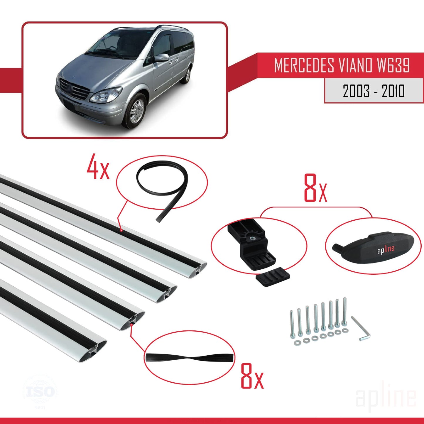 Compatible avec Mercedes Viano 2 (W639) Pre-Facelift 2003-2010 BASIC Model Barres de Toit Railing Porte-Bagages de Voiture Gris Aluminium 4 Barres