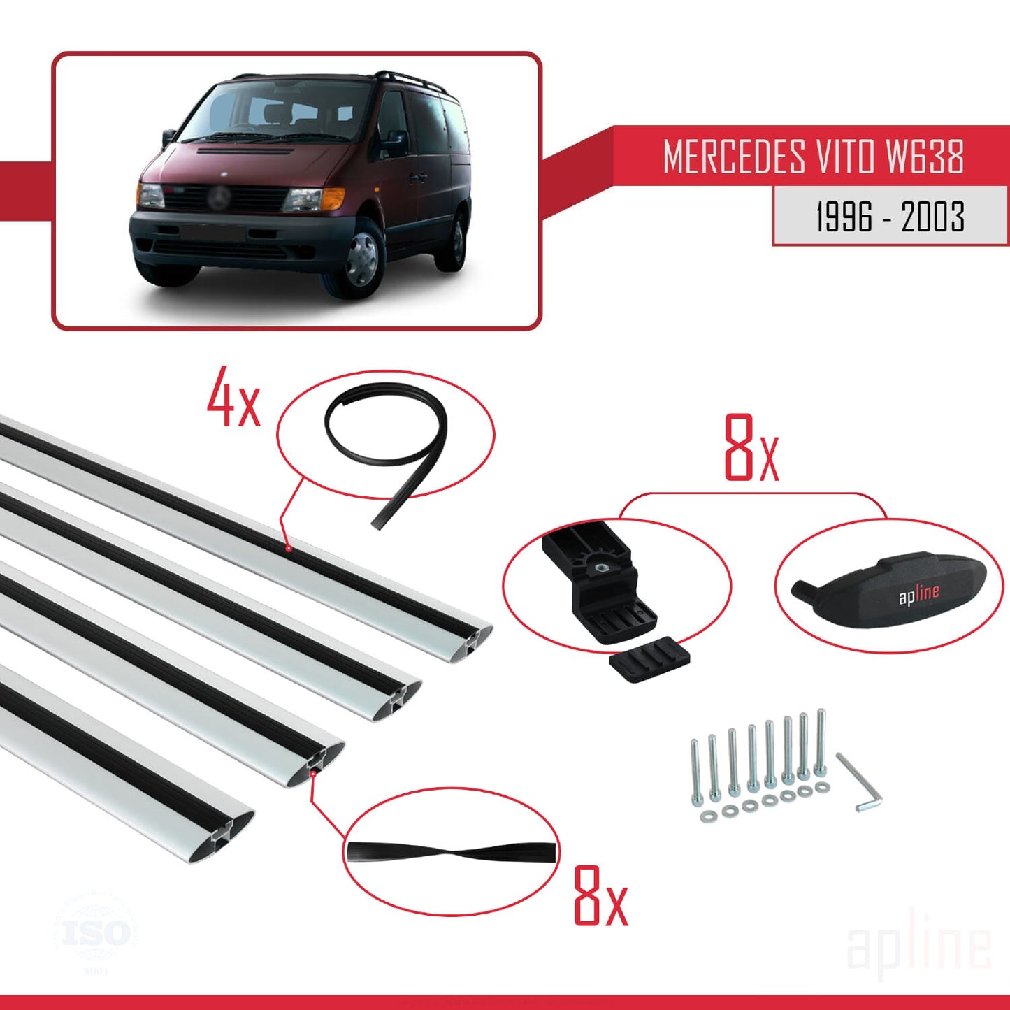 Compatible avec Mercedes Vito (W638) 1996-2003 BASIC Model Barres de Toit Railing Porte-Bagages de Voiture Gris Aluminium 4 Barres
