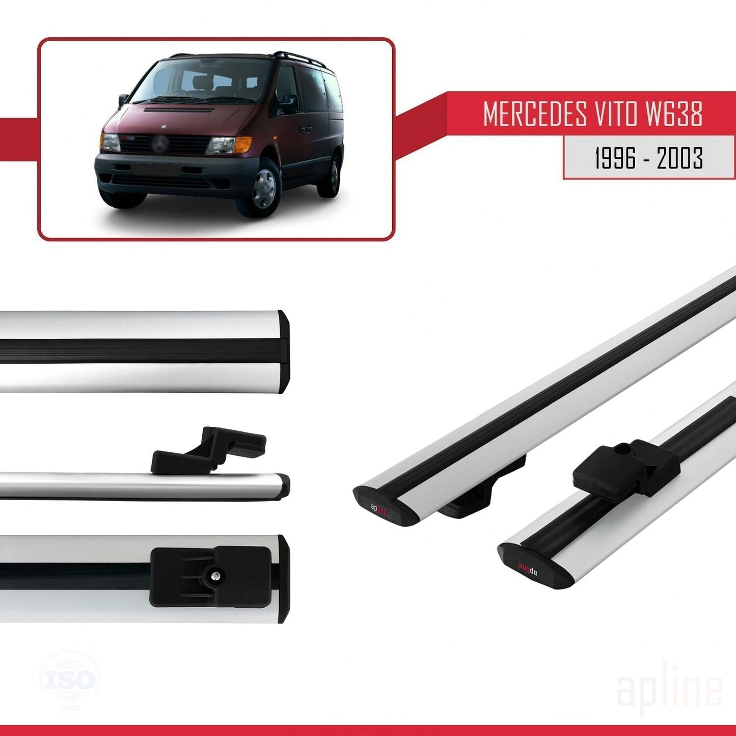 Compatible avec Mercedes Vito (W638) 1996-2003 BASIC Model Barres de Toit Railing Porte-Bagages de Voiture Gris Aluminium 2 Barres
