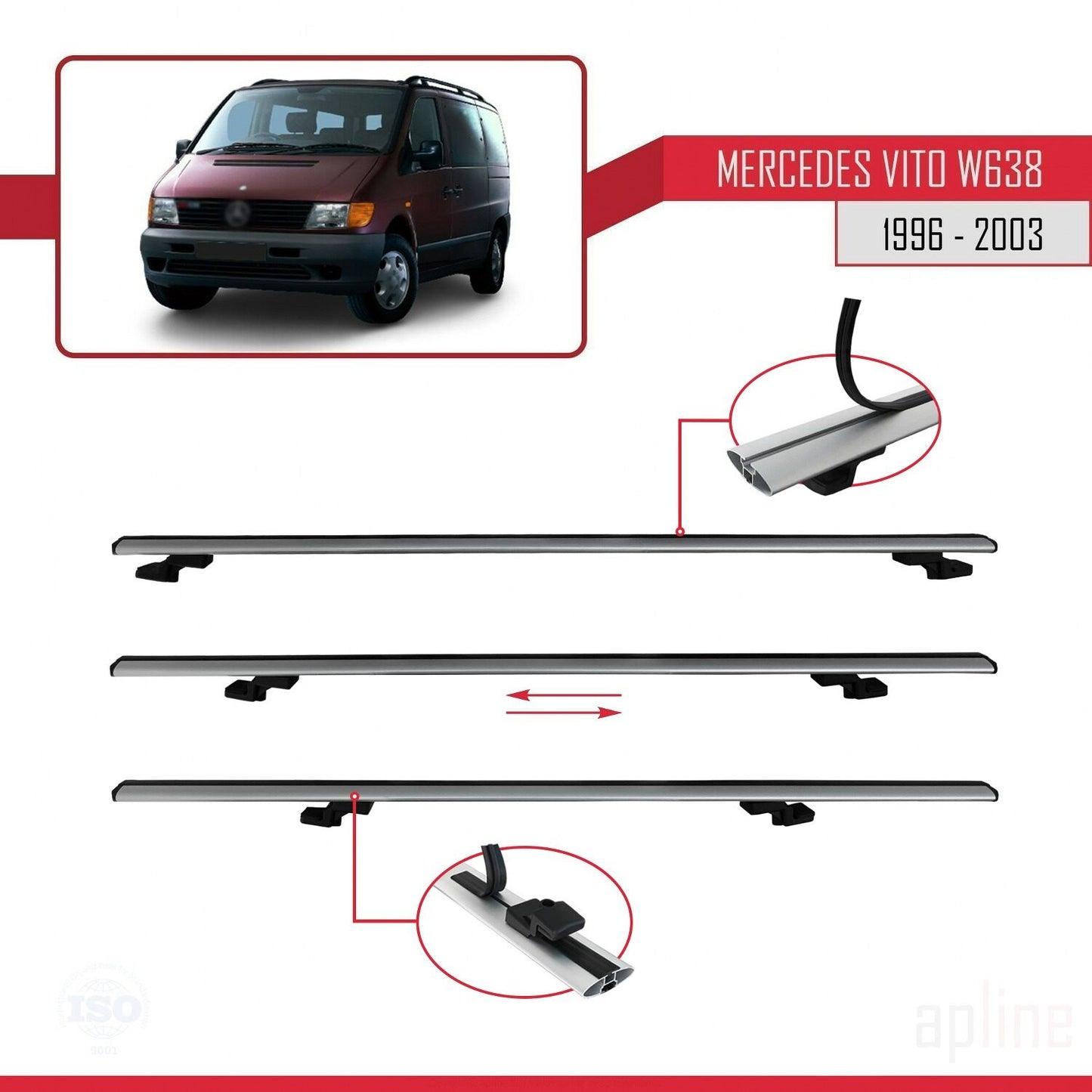 Compatible avec Mercedes Vito (W638) 1996-2003 BASIC Model Barres de Toit Railing Porte-Bagages de Voiture Gris Aluminium 2 Barres