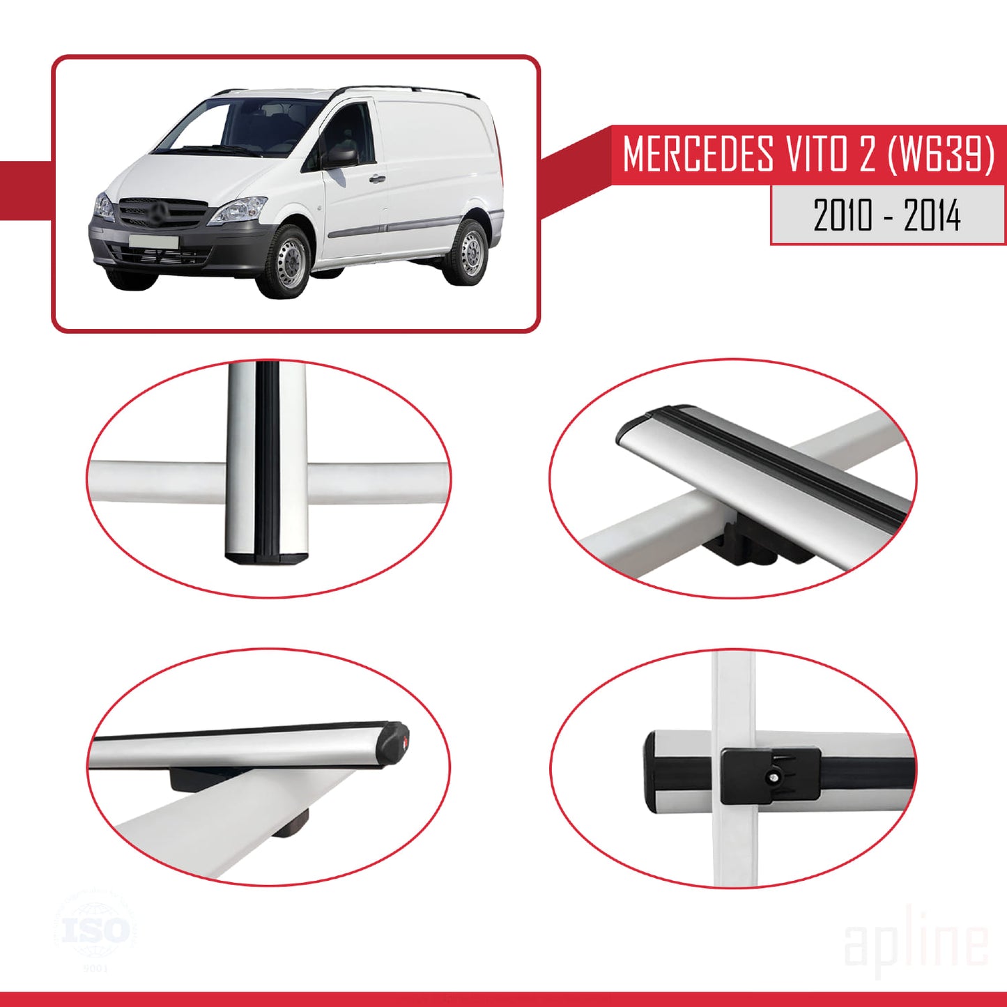 Compatible with Mercedes Vito 2 (W639) Post-Facelift 2010-2014 BASIC Model Car Roof Rack Cross Bar Grey Aluminium 4 Bars