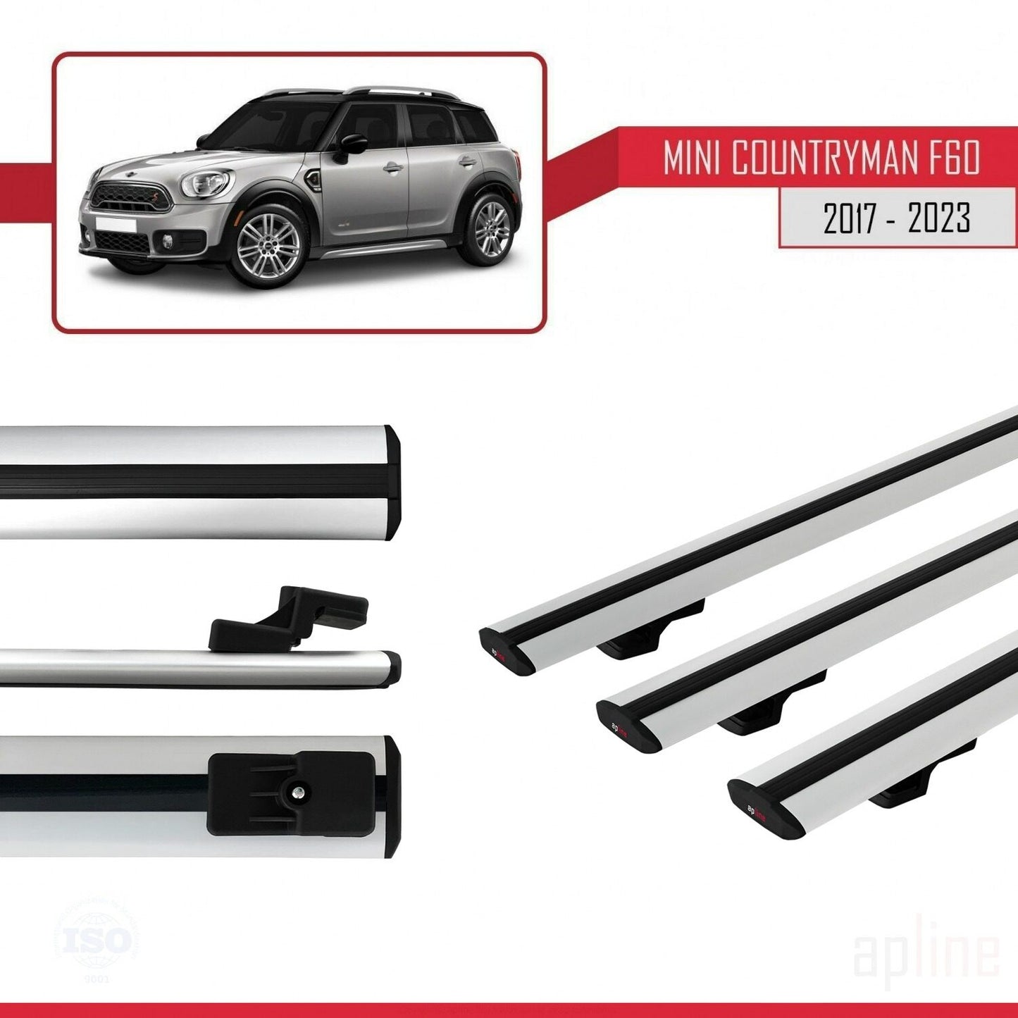 Compatible avec Mini Countryman 2 (F60) 2017-2023 BASIC Model Barres de Toit Railing Porte-Bagages de Voiture Gris Aluminium 3 Barres