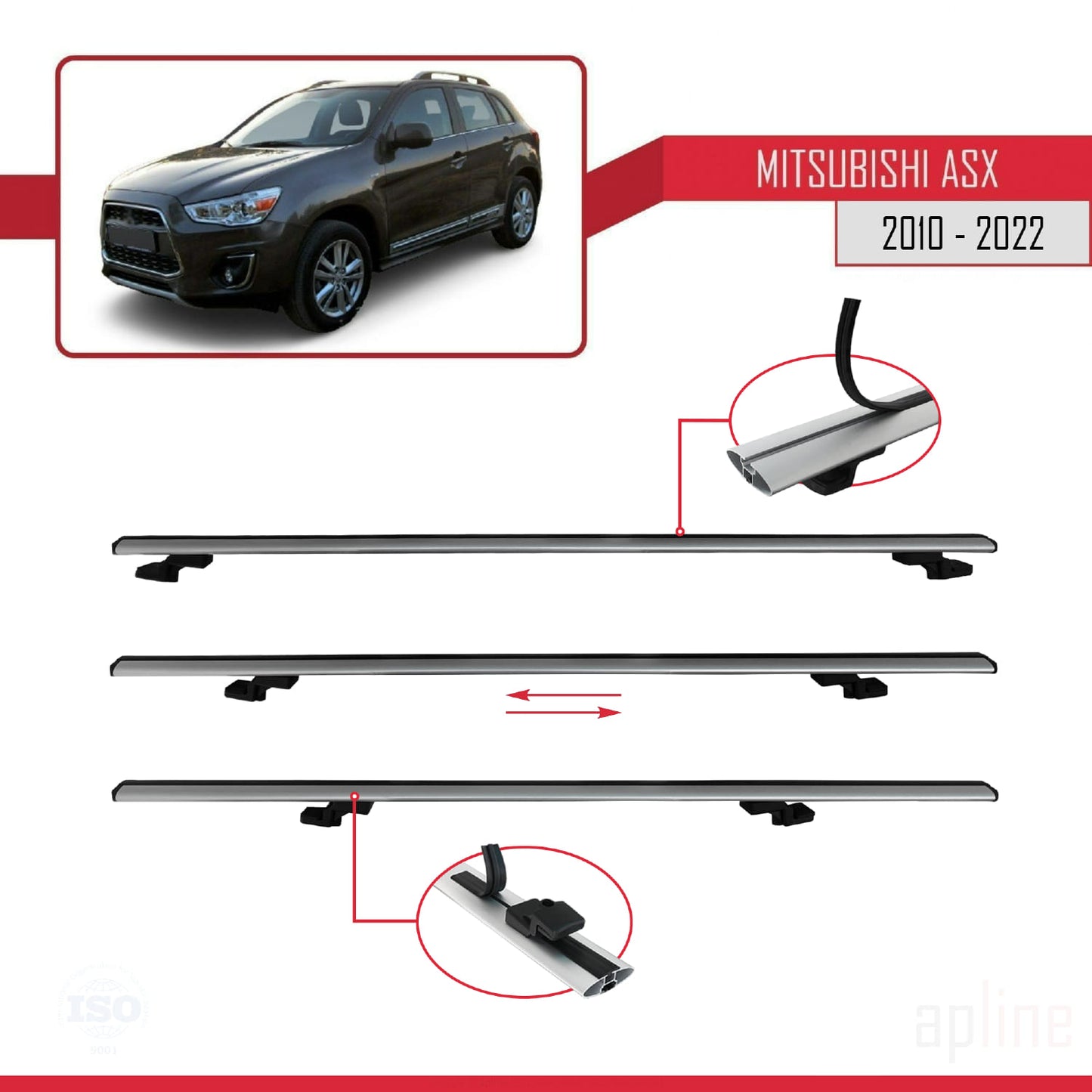 Compatible avec Mitsubishi ASX (GA) 2010-2022 BASIC Model Barres de Toit Railing Porte-Bagages de Voiture Gris Aluminium 3 Barres