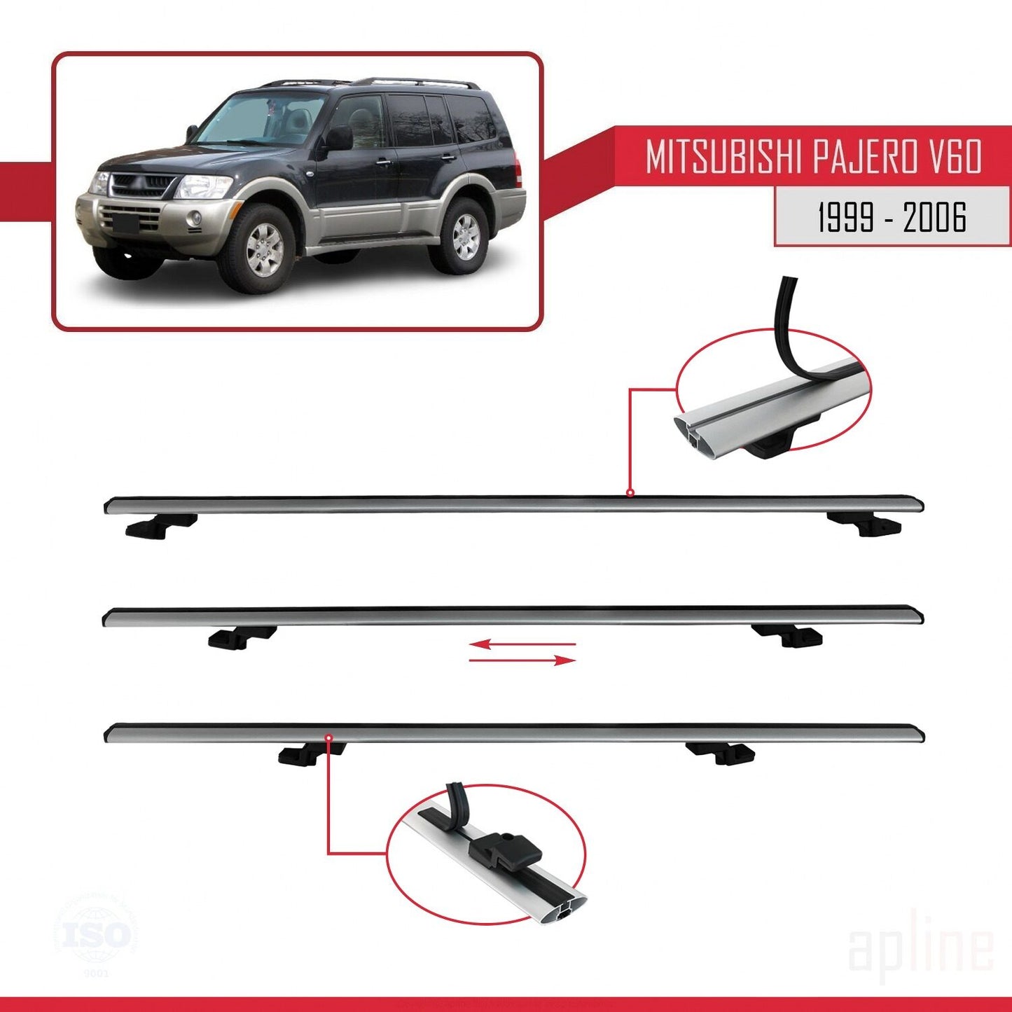 Compatible with Mitsubishi Pajero (V60) 5 Kapı 1999-2006 BASIC Model Car Roof Rack Cross Bar Grey Aluminium 3 Bars