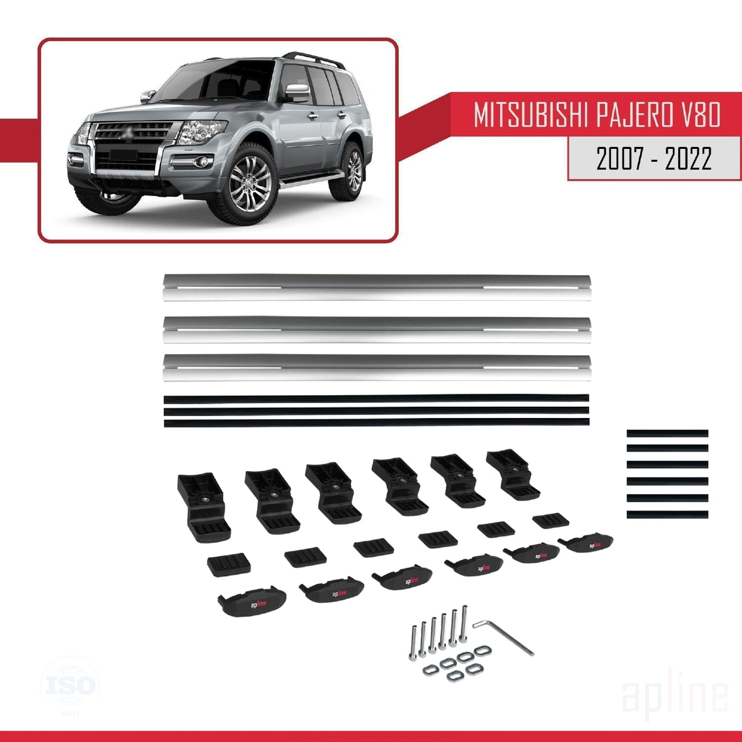 Compatible avec Mitsubishi Pajero (V80) 2007-2022 BASIC Model Barres de Toit Railing Porte-Bagages de Voiture Gris Aluminium 3 Barres