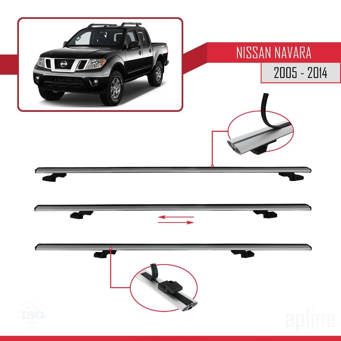 Compatible avec Nissan Navara 3 (D40) 2005-2014 BASIC Model Barres de Toit Railing Porte-Bagages de Voiture Gris Aluminium 3 Barres